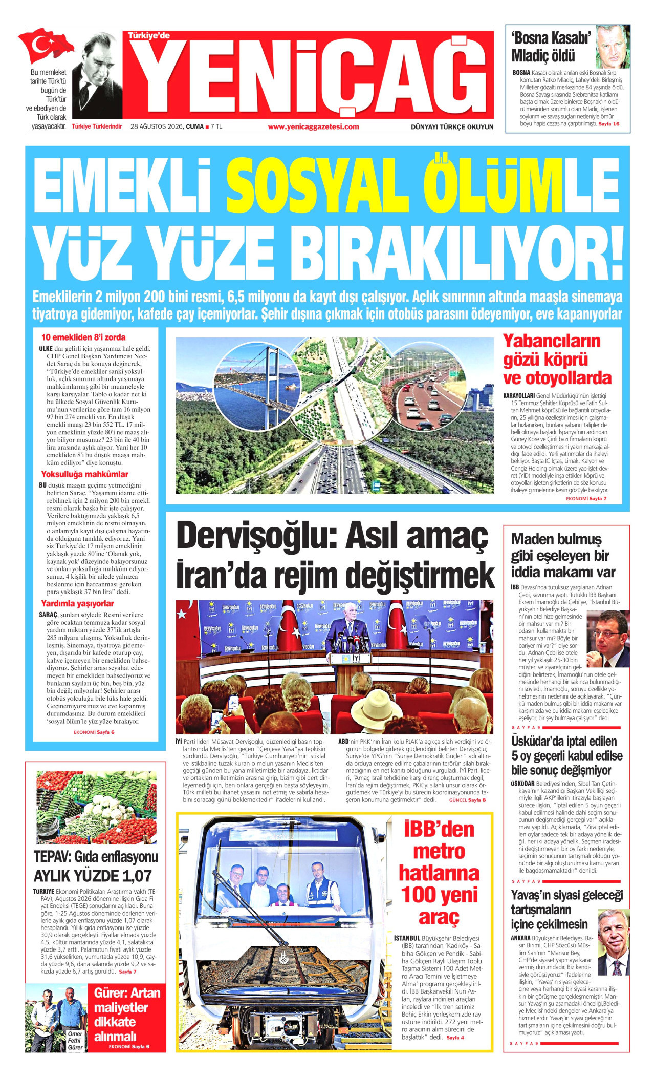 YENİÇAĞ 28 Ağustos 2026 Gazete Manşeti Büyük