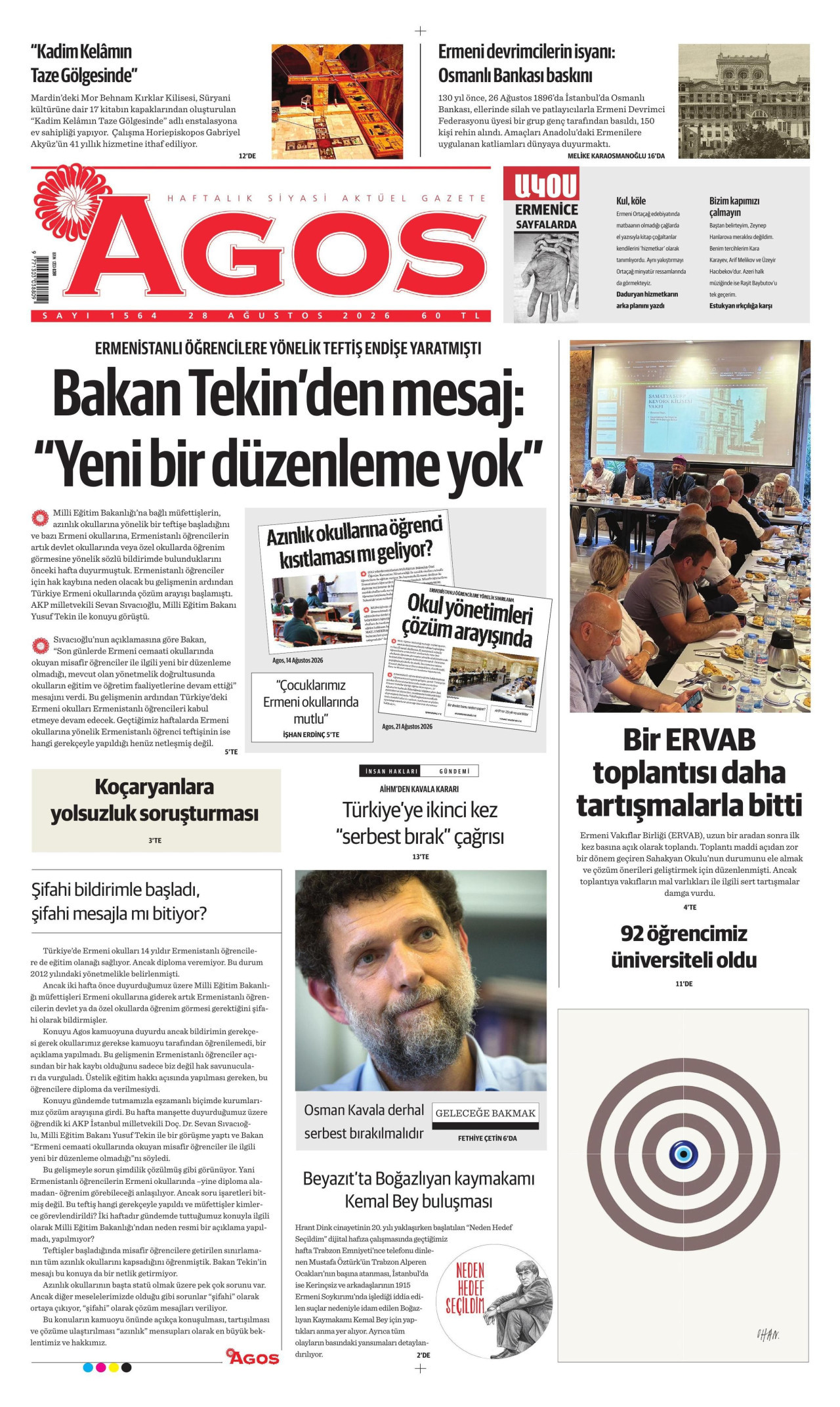 AGOS gazetesinin 28 Ağustos 2026 tarihli birinci sayfası