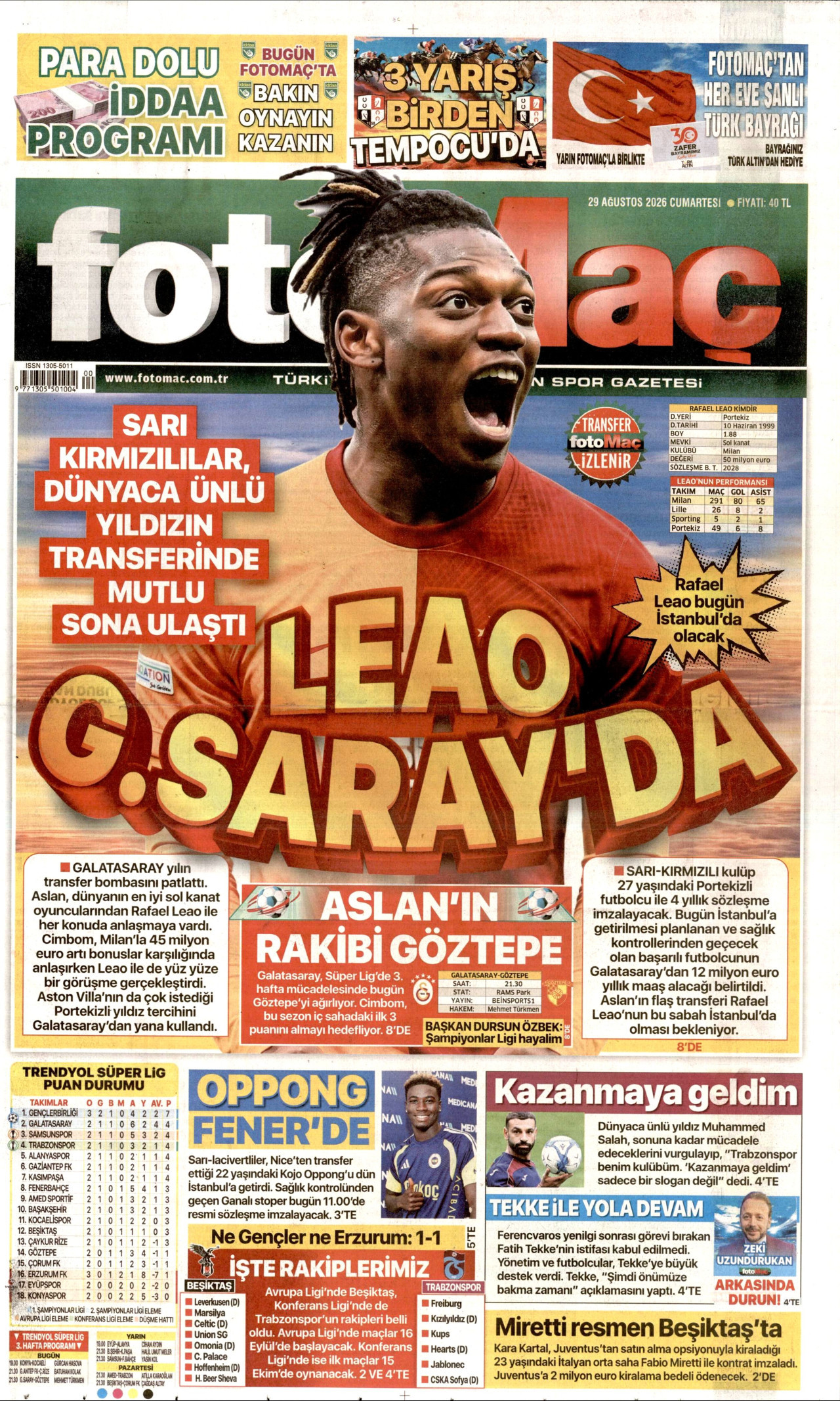 FOTOMAÇ 29 Ağustos 2026 Gazete Manşeti Büyük