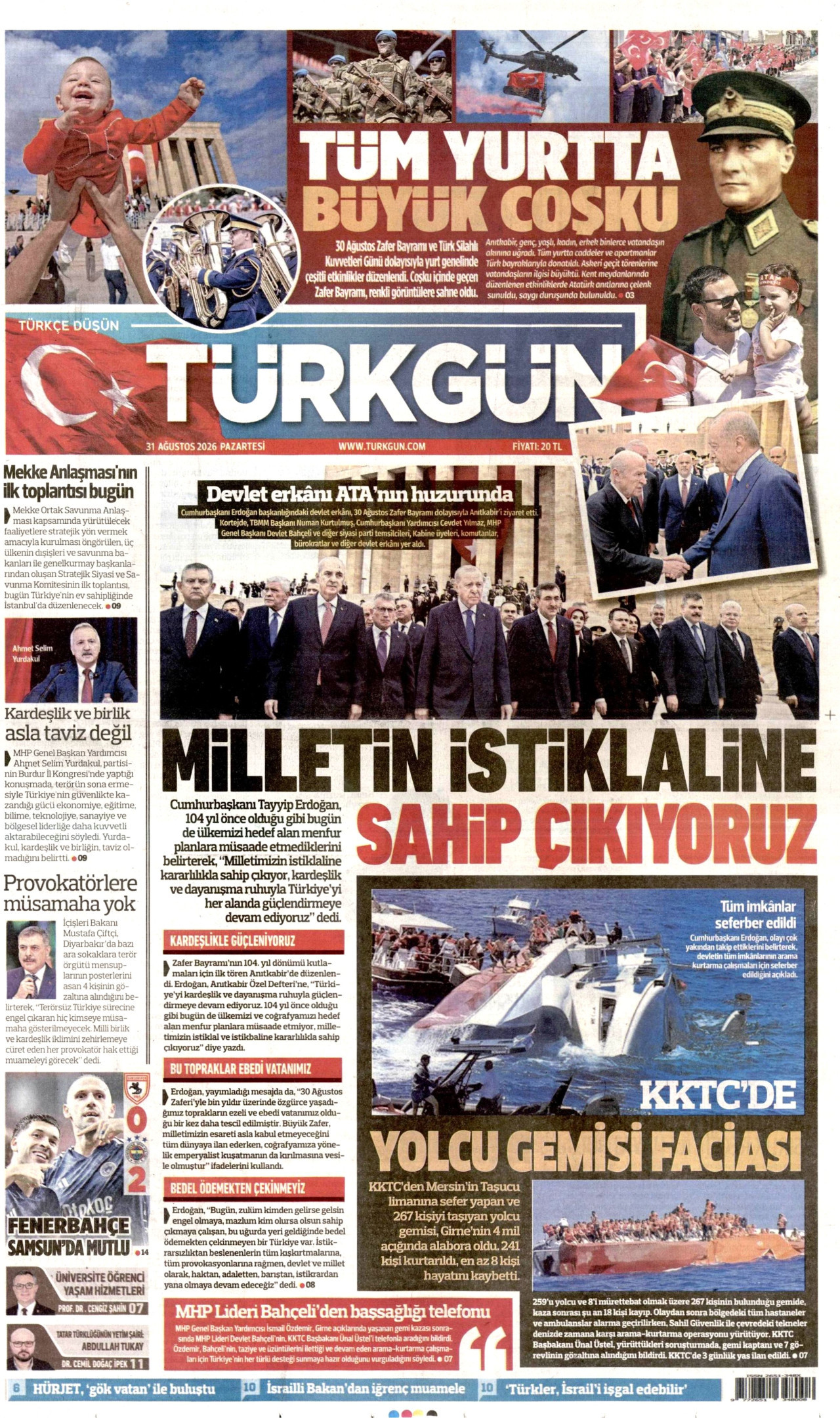 TÜRKGÜN gazetesinin 31 Ağustos 2026 tarihli birinci sayfası
