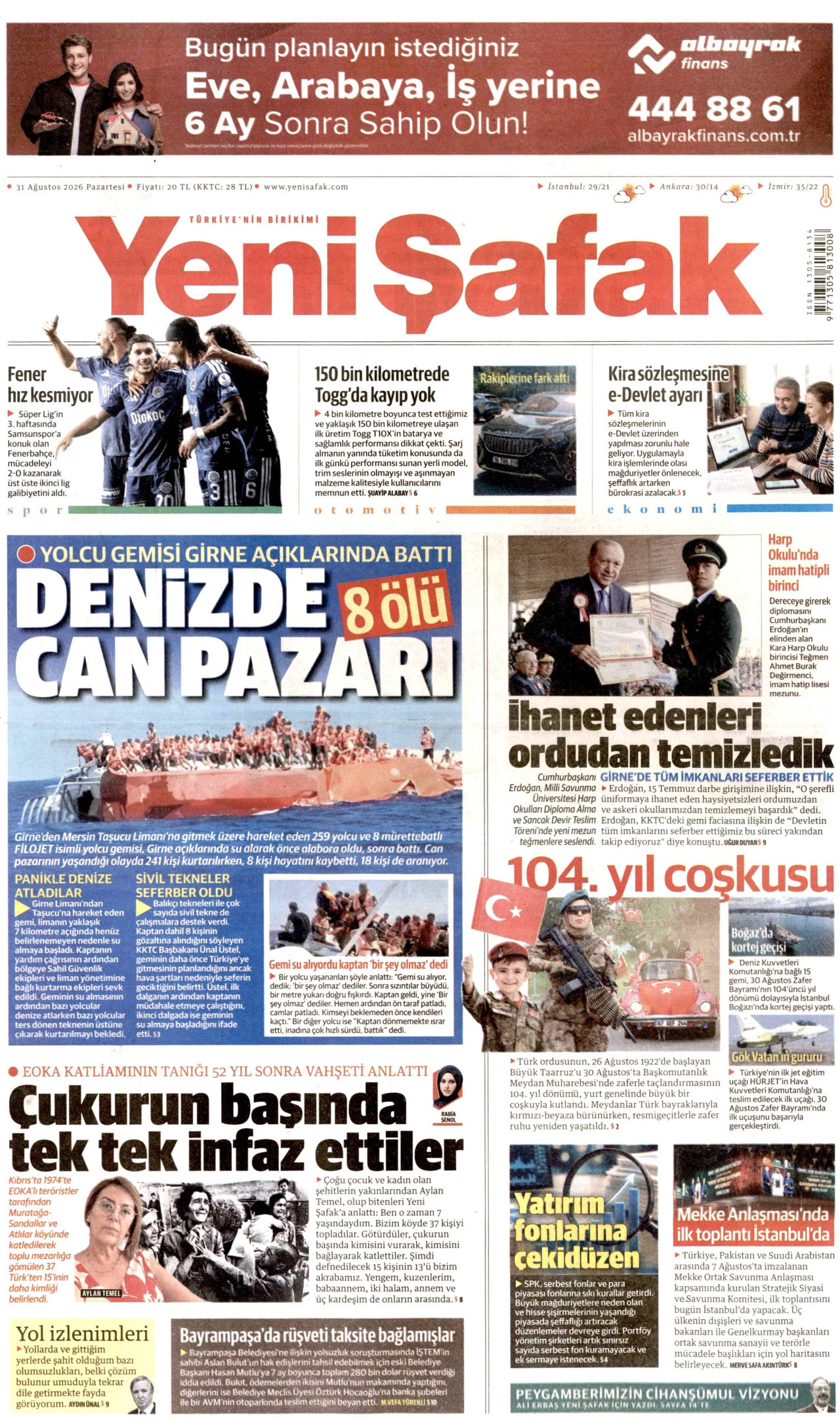 YENİ ŞAFAK gazetesinin 31 Ağustos 2026 tarihli birinci sayfası