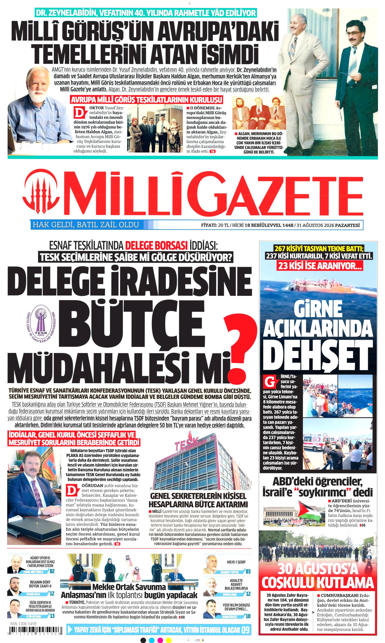 MİLLİ GAZETE gazetesinin 31 Ağustos 2026 tarihli birinci sayfası