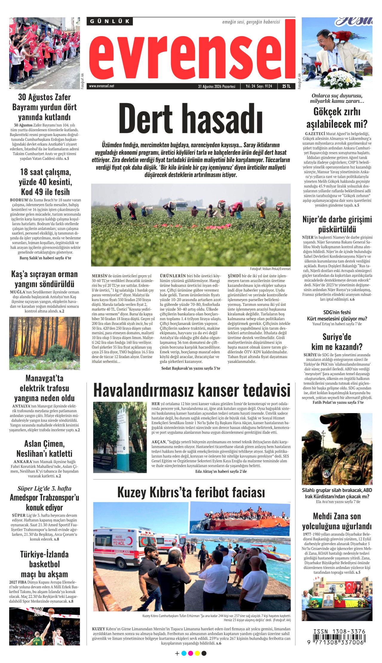 EVRENSEL gazetesinin 31 Ağustos 2026 tarihli birinci sayfası