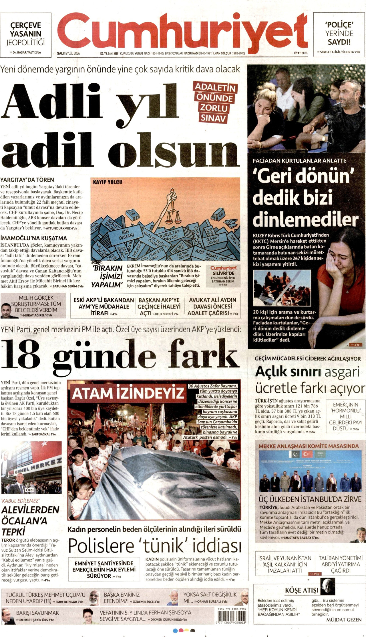 CUMHURİYET gazetesinin 1 Eylül 2026 tarihli birinci sayfası