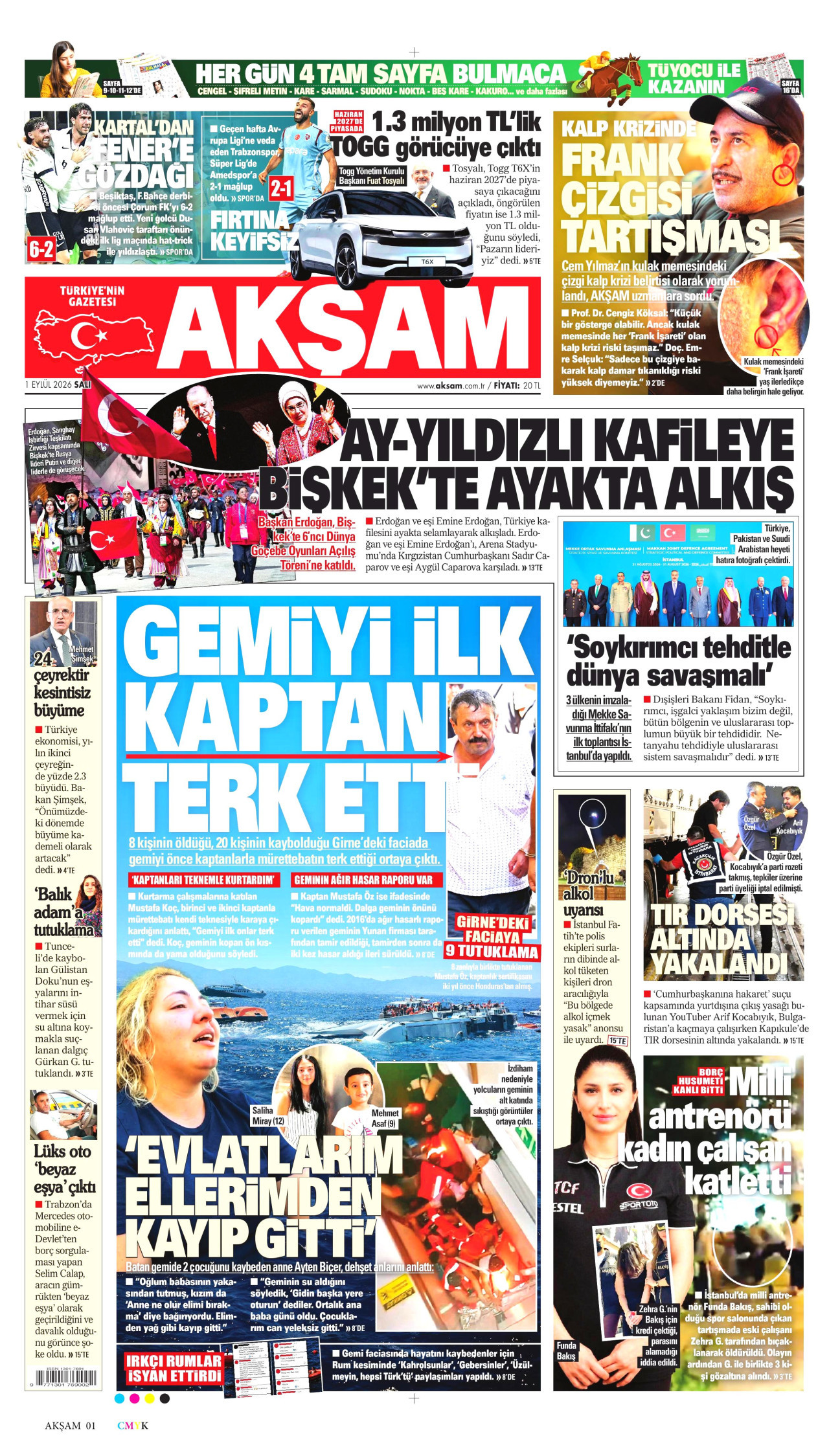 AKŞAM gazetesinin 1 Eylül 2026 tarihli birinci sayfası