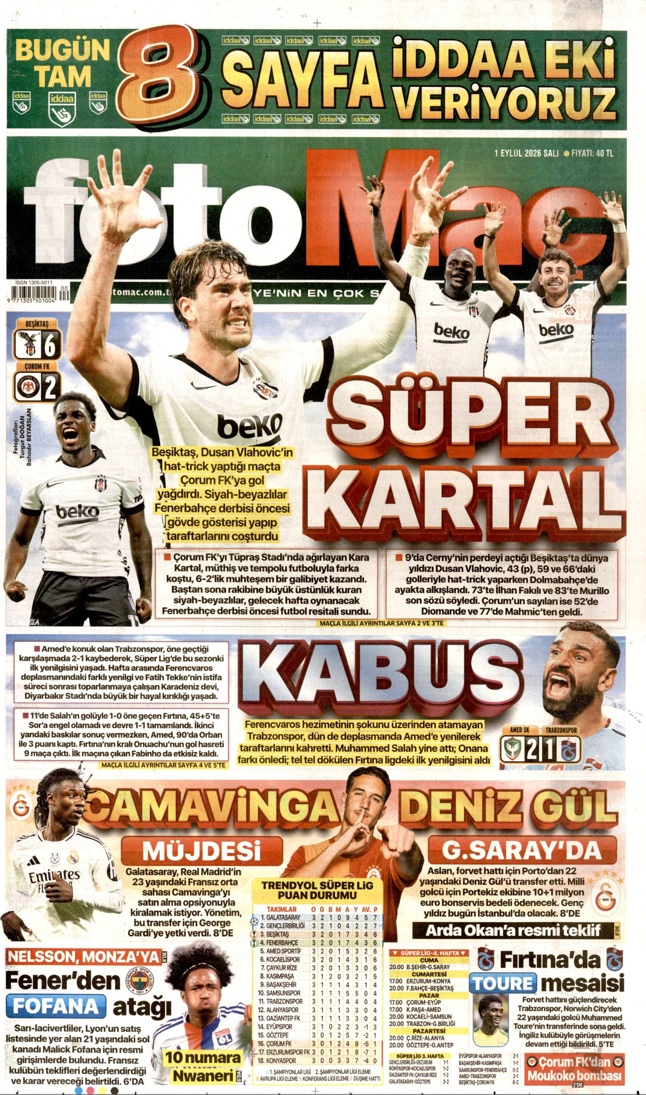 FOTOMAÇ gazetesinin 1 Eylül 2026 tarihli birinci sayfası