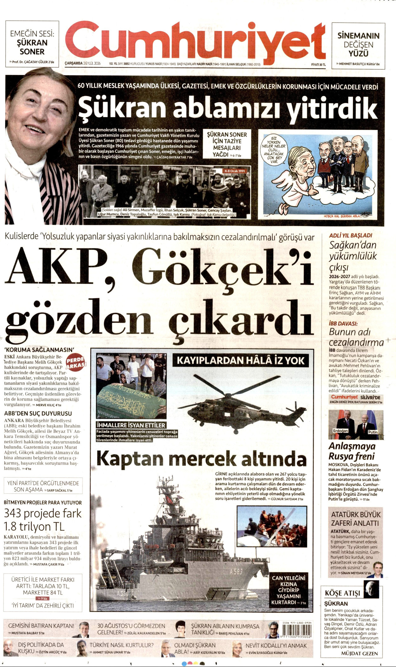 CUMHURİYET 2 Eylül 2026 Gazete Manşeti Büyük