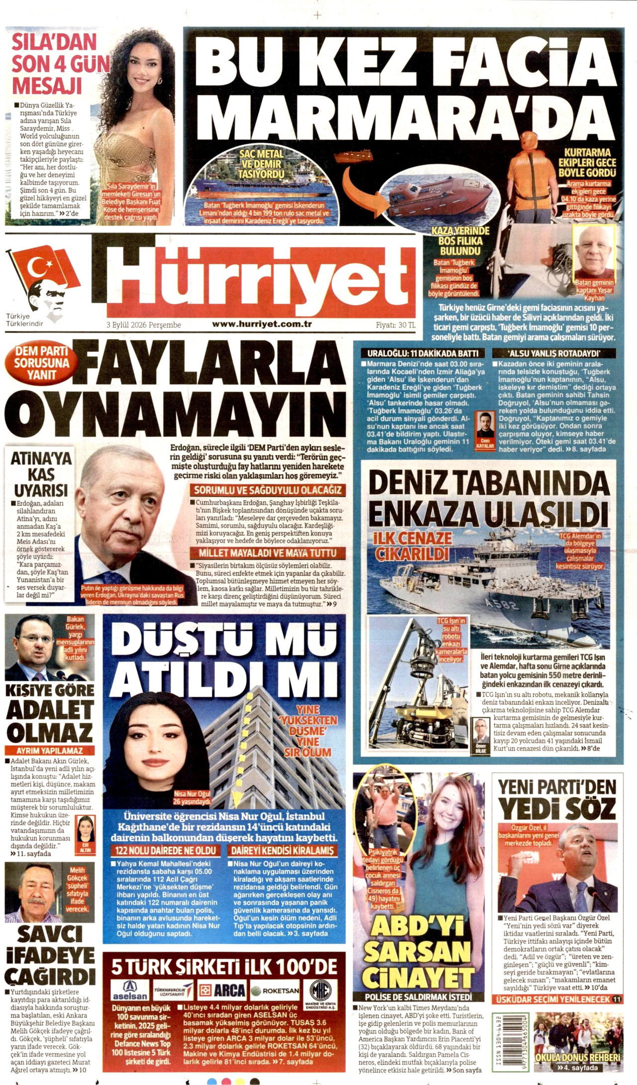 HÜRRİYET 3 Eylül 2026 Gazete Manşeti Büyük