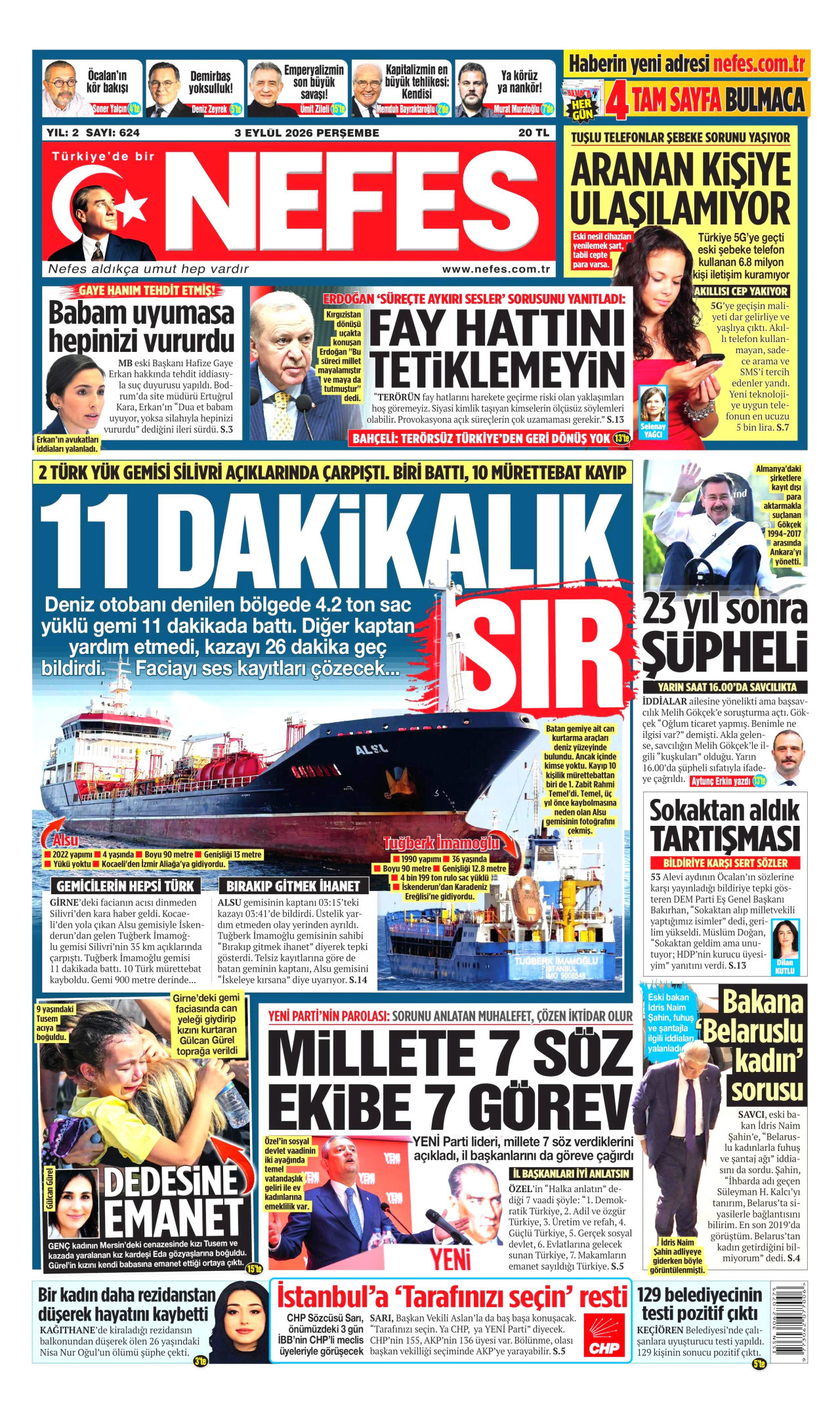 NEFES 3 Eylül 2026 Gazete Manşeti Büyük