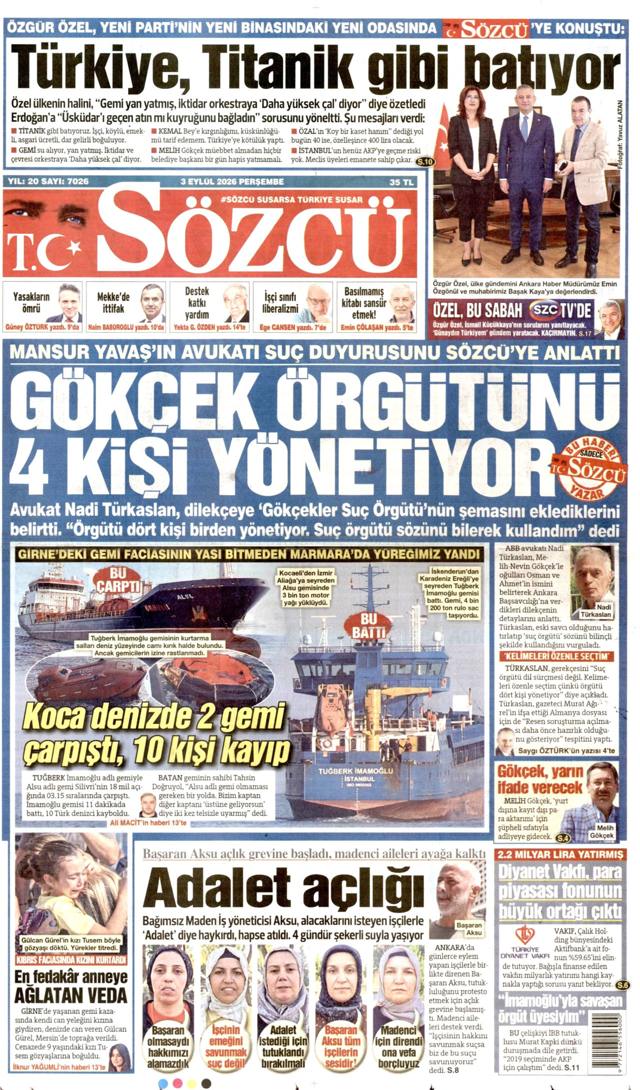 SÖZCÜ 3 Eylül 2026 Gazete Manşeti Büyük