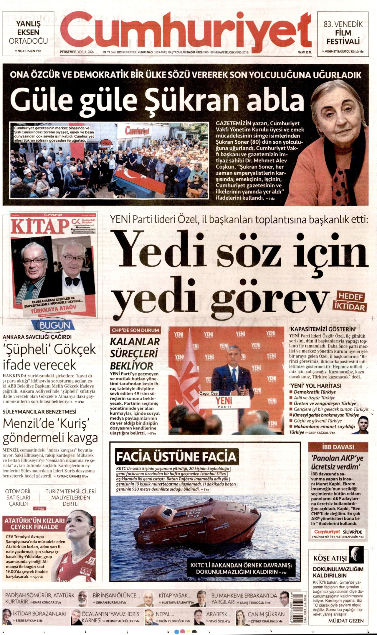 CUMHURİYET 3 Eylül 2026 Gazete Manşeti Büyük