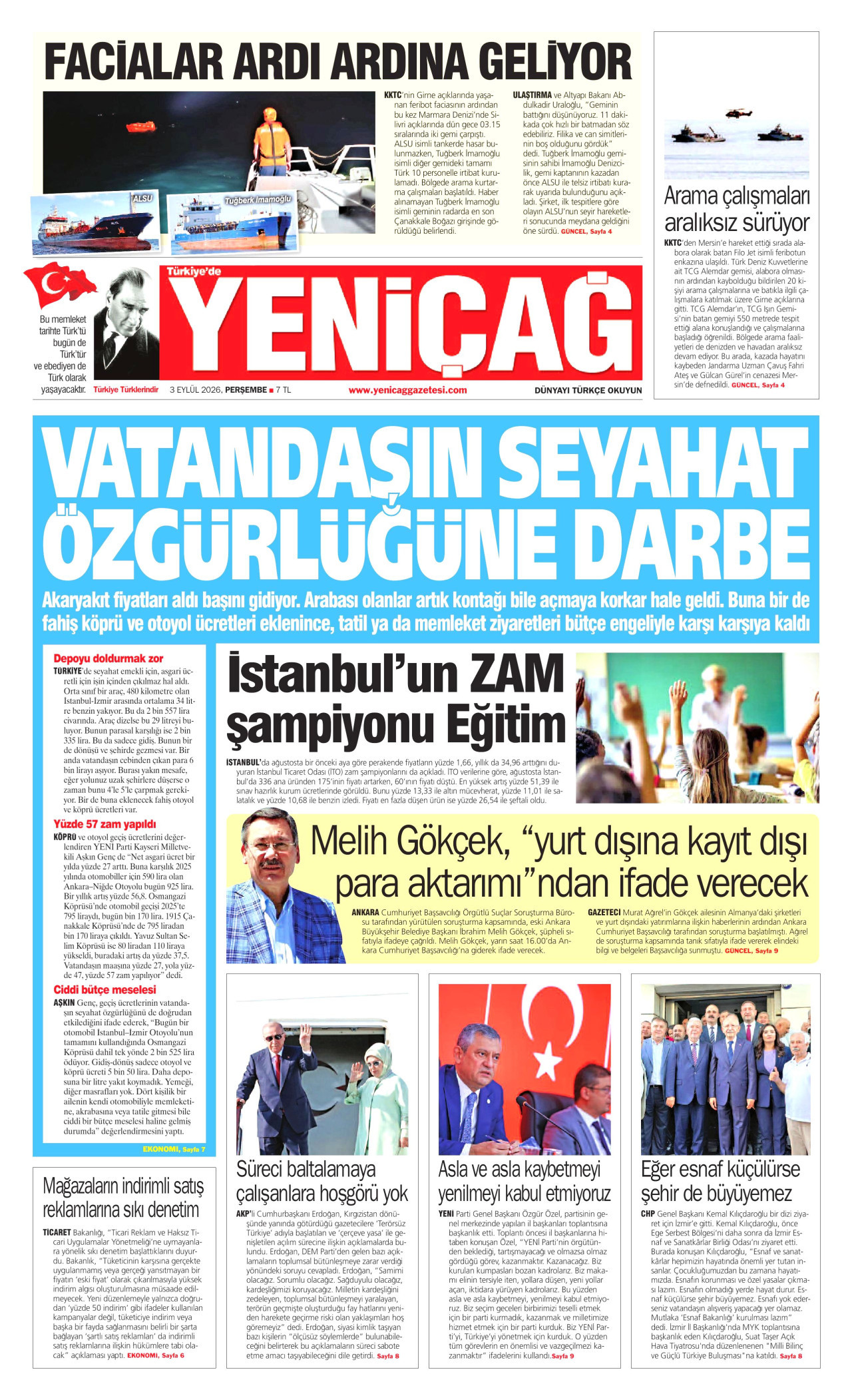 YENİÇAĞ 3 Eylül 2026 Gazete Manşeti Büyük