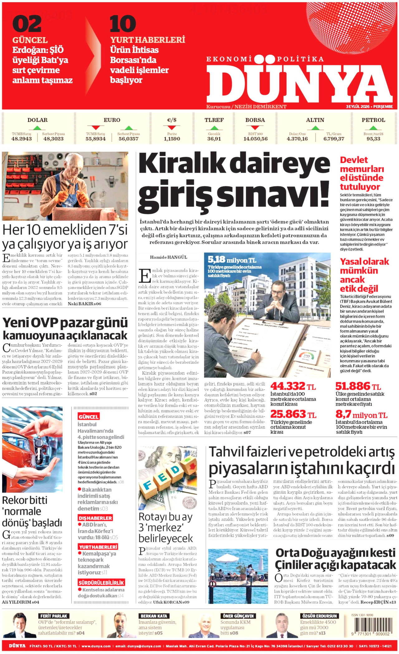 DÜNYA 3 Eylül 2026 Gazete Manşeti Büyük