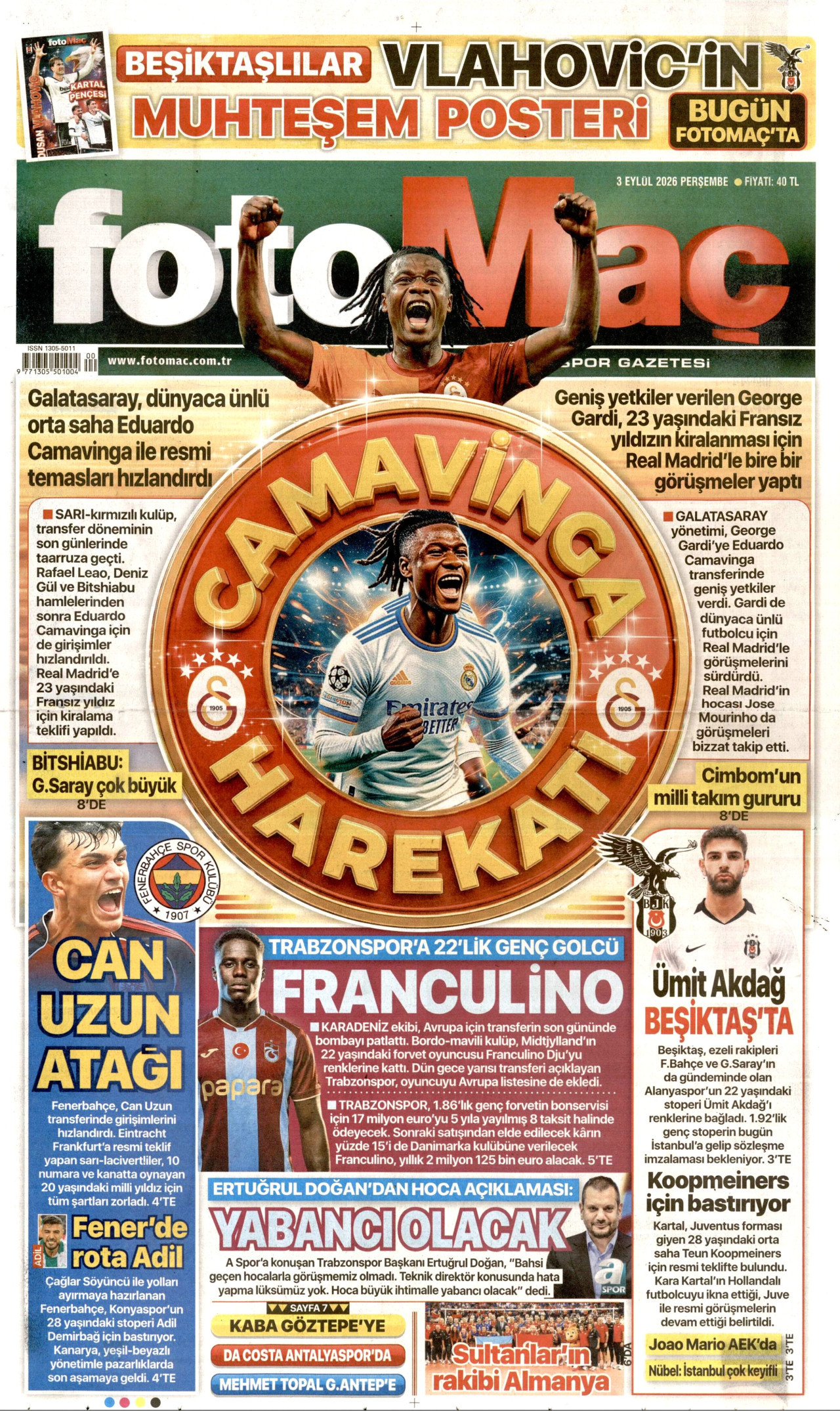 FOTOMAÇ 3 Eylül 2026 Gazete Manşeti Büyük
