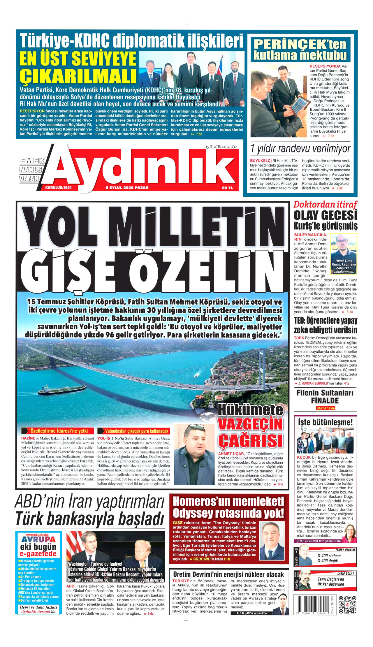 AYDINLIK GAZETESİ 6 Eylül 2026 Gazete Manşeti Büyük