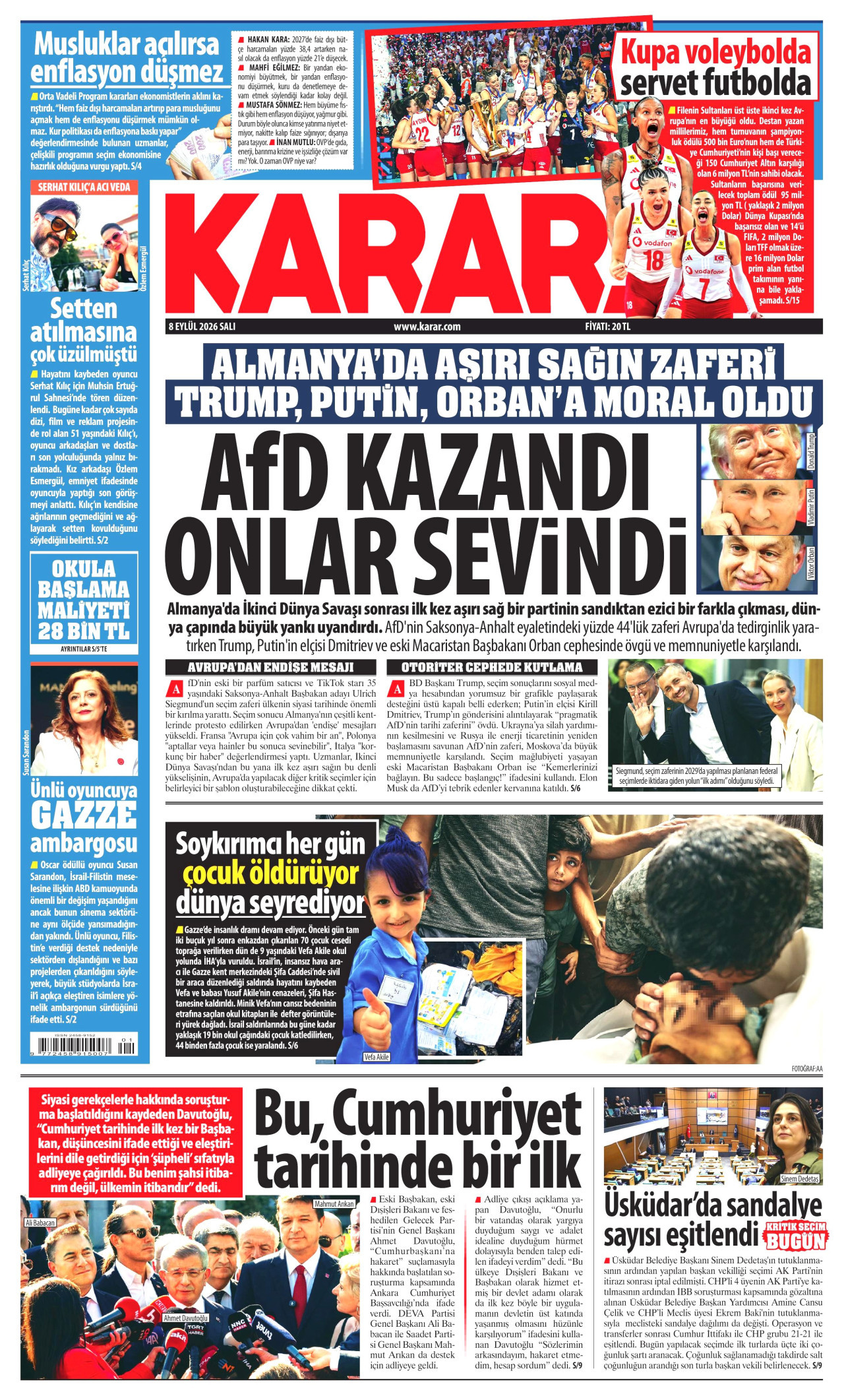 KARAR 8 Eylül 2026 Gazete Manşeti Büyük