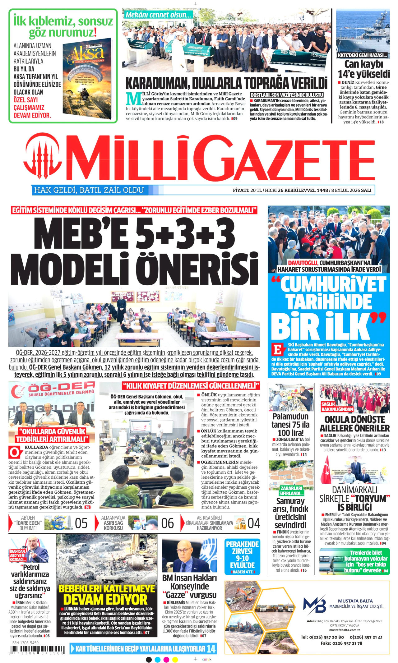 MİLLİ GAZETE 8 Eylül 2026 Gazete Manşeti Büyük