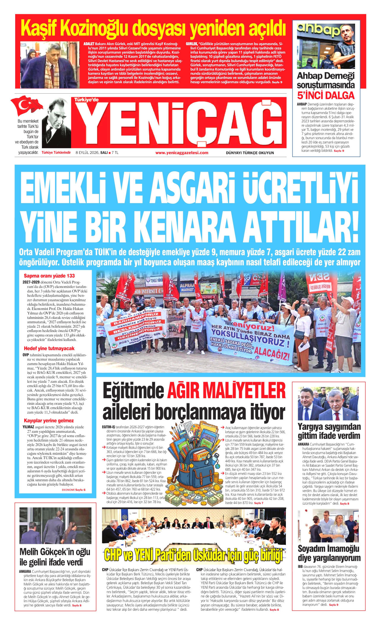 YENİÇAĞ 8 Eylül 2026 Gazete Manşeti Büyük