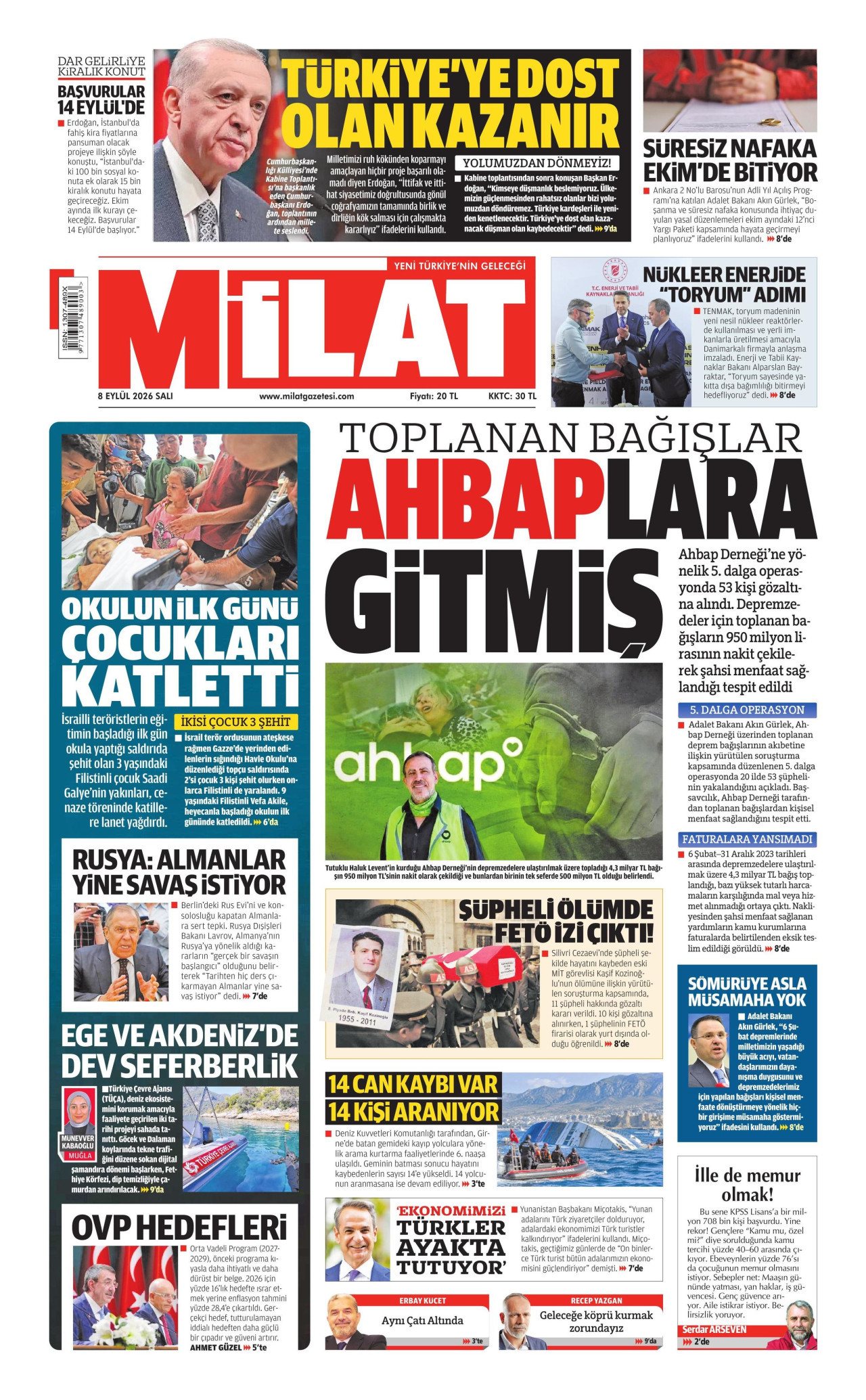 MİLAT 8 Eylül 2026 Gazete Manşeti Büyük