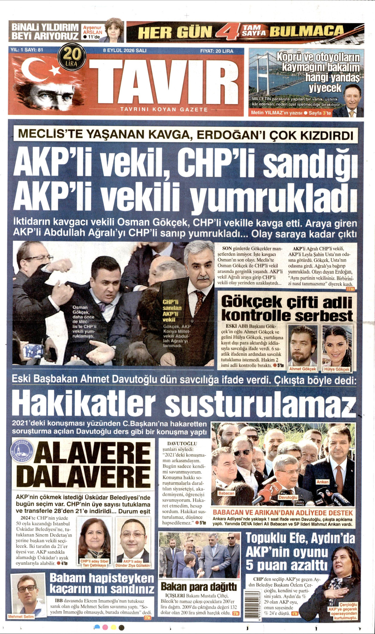 TAVIR GAZETESİ 8 Eylül 2026 Gazete Manşeti Büyük
