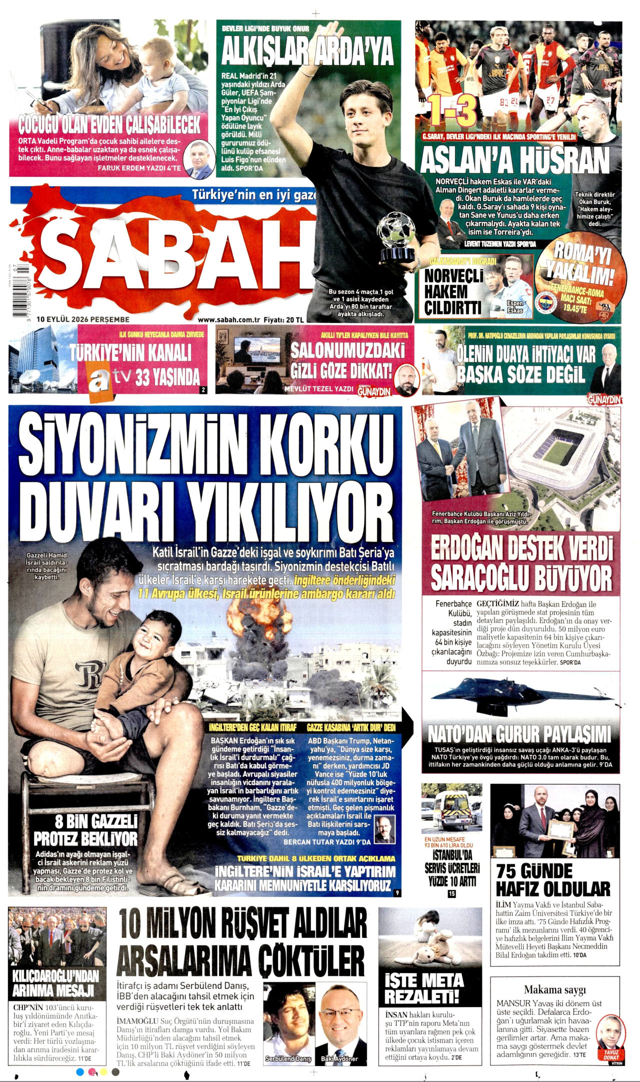 SABAH gazetesinin 10 Eylül 2026 tarihli birinci sayfası