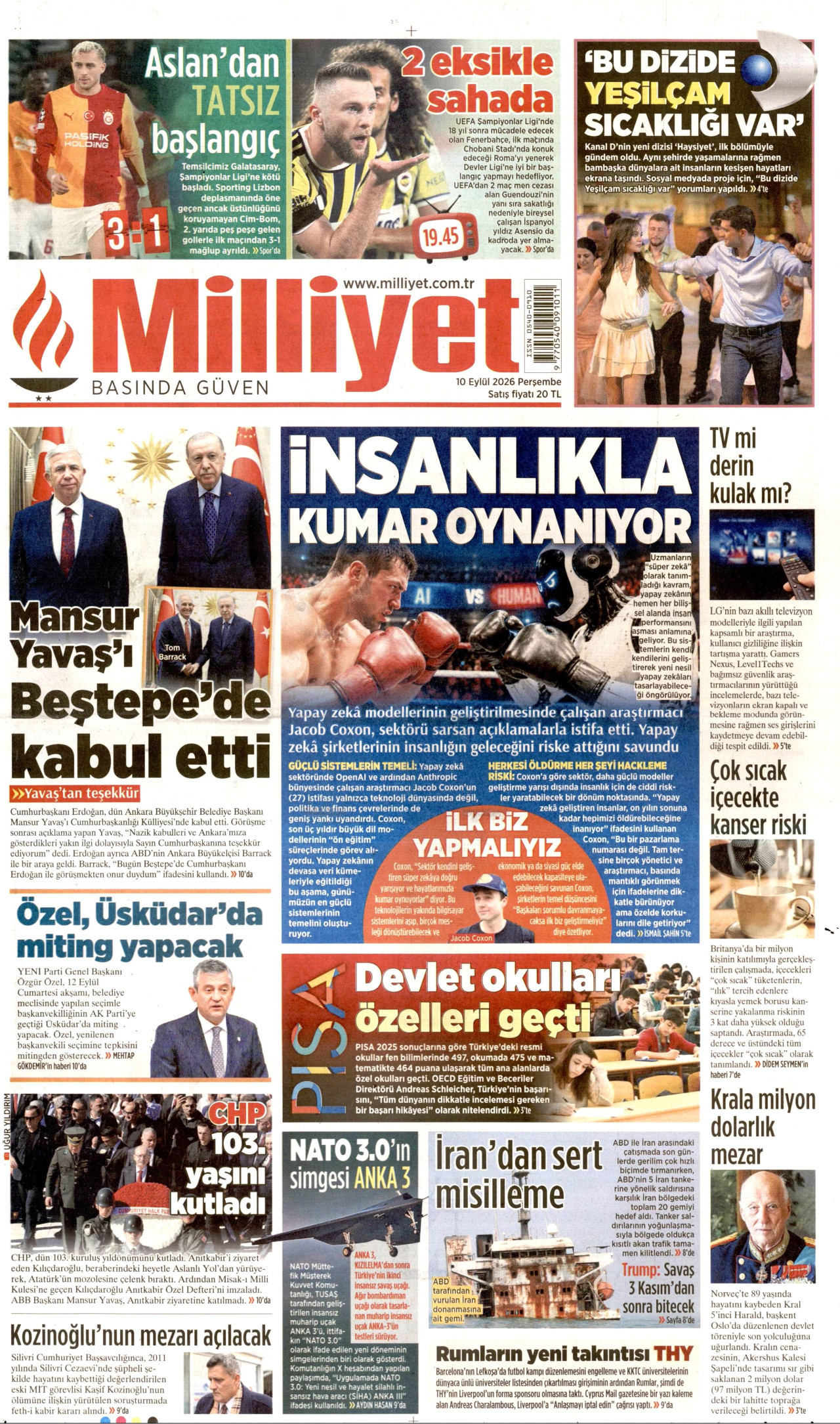 MİLLİYET gazetesinin 10 Eylül 2026 tarihli birinci sayfası