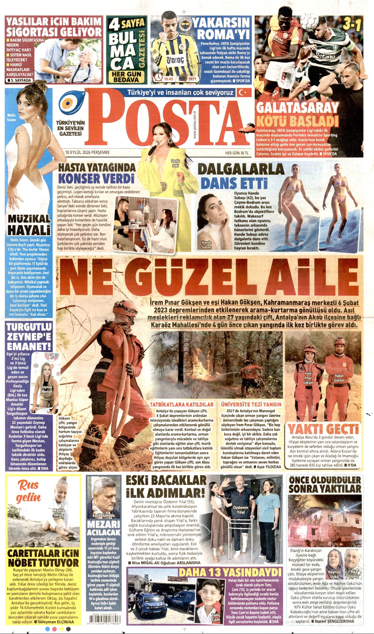 POSTA gazetesinin 10 Eylül 2026 tarihli birinci sayfası