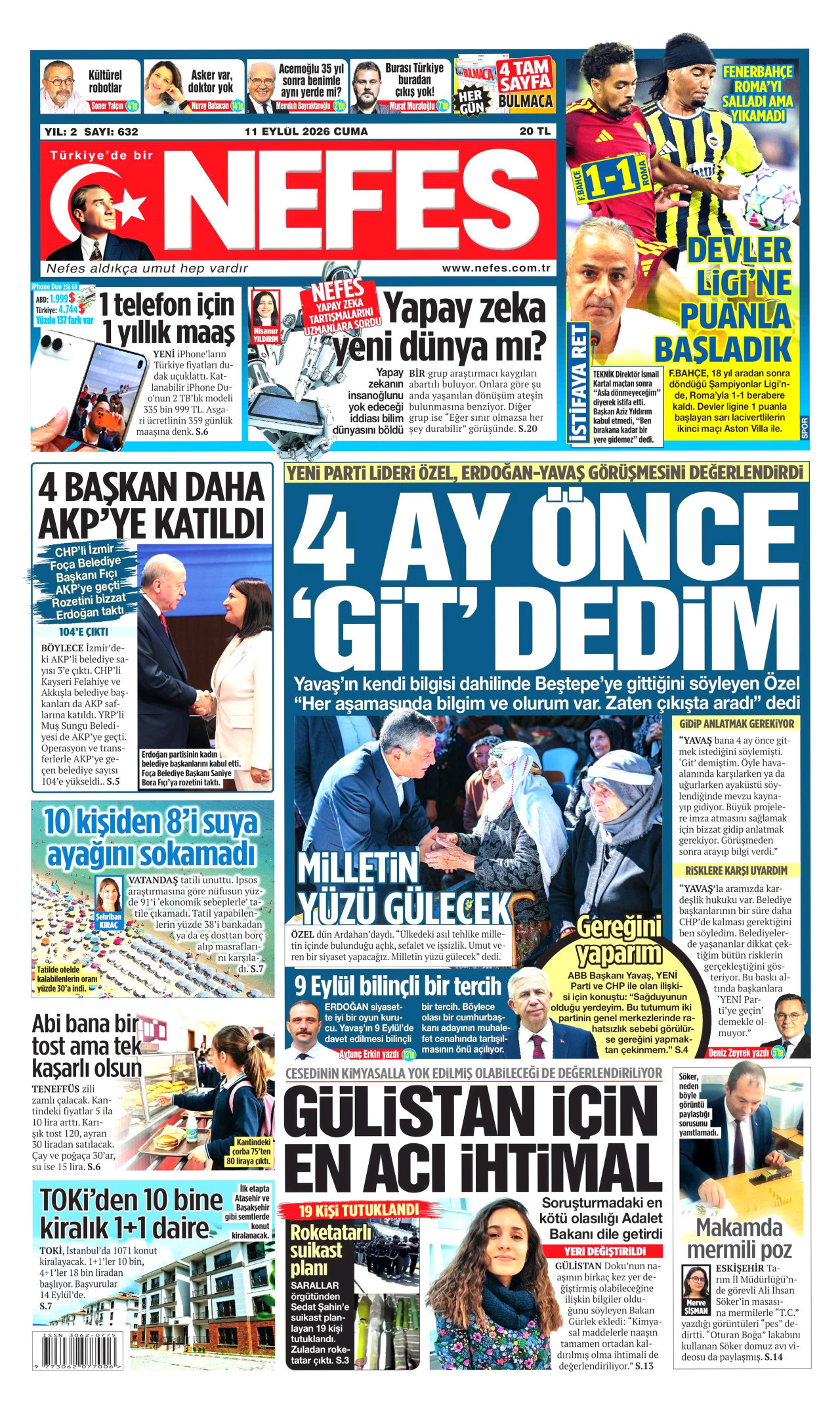 NEFES gazetesinin 11 Eylül 2026 tarihli birinci sayfası