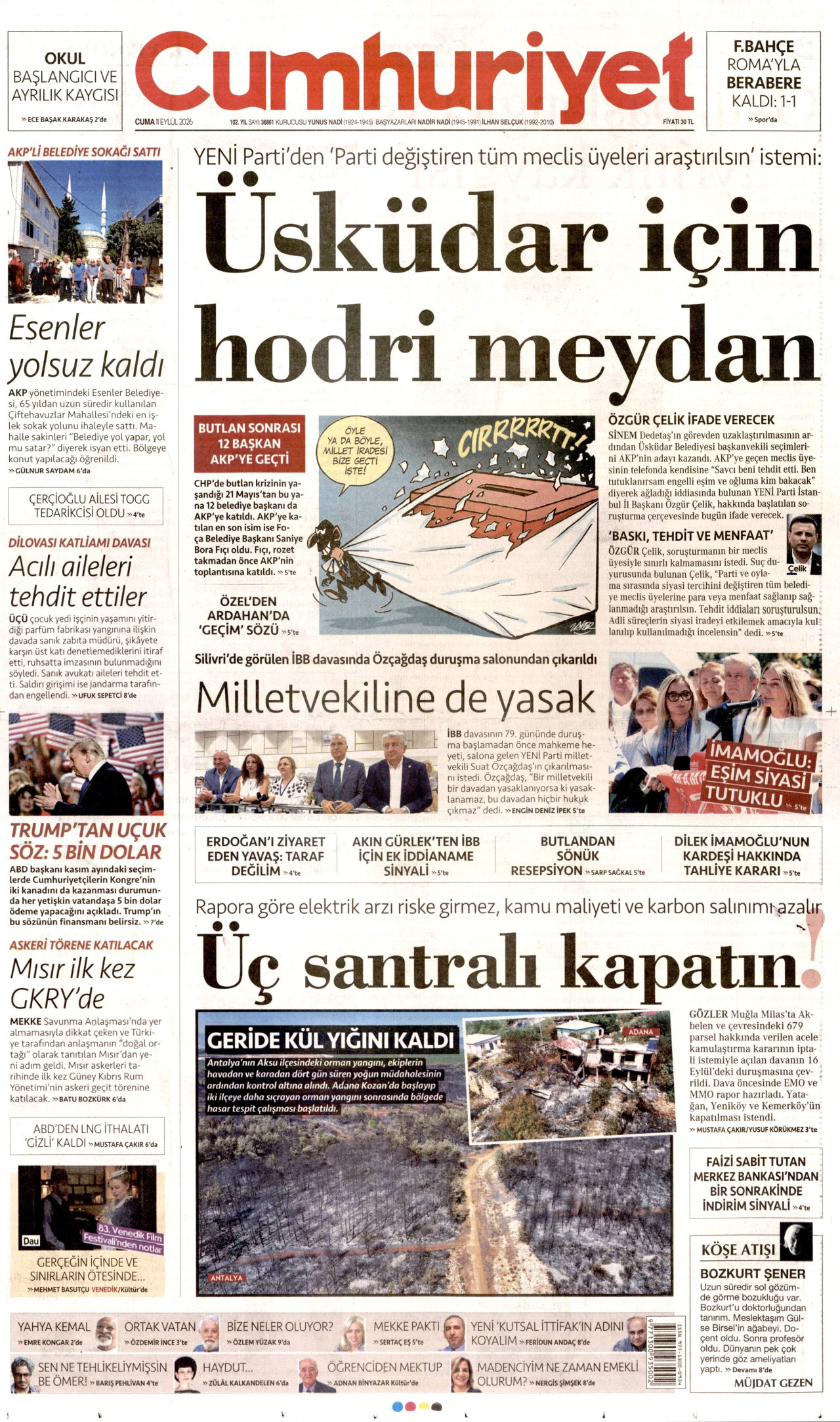 CUMHURİYET gazetesinin 11 Eylül 2026 tarihli birinci sayfası