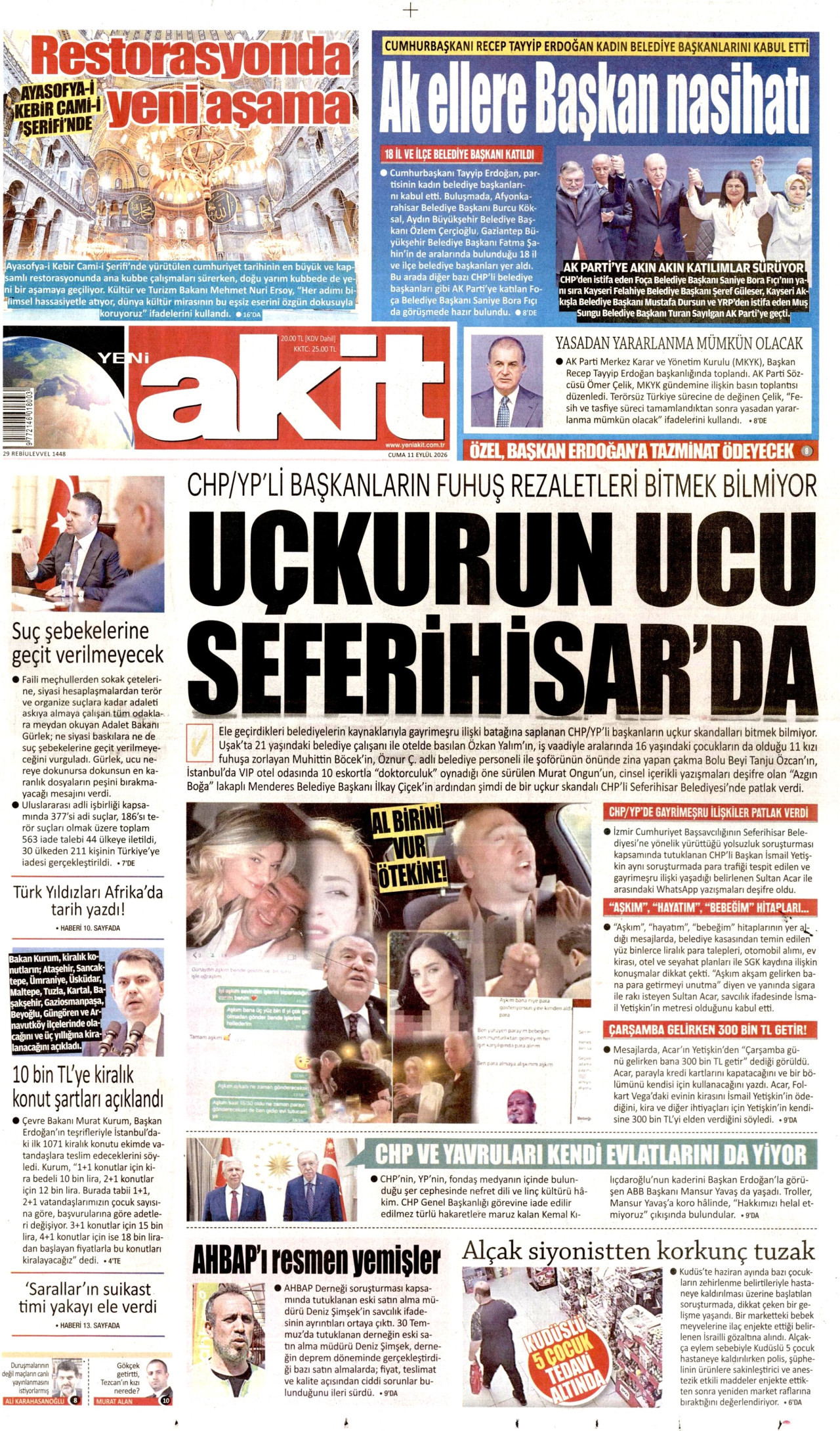 YENİ AKİT gazetesinin 11 Eylül 2026 tarihli birinci sayfası