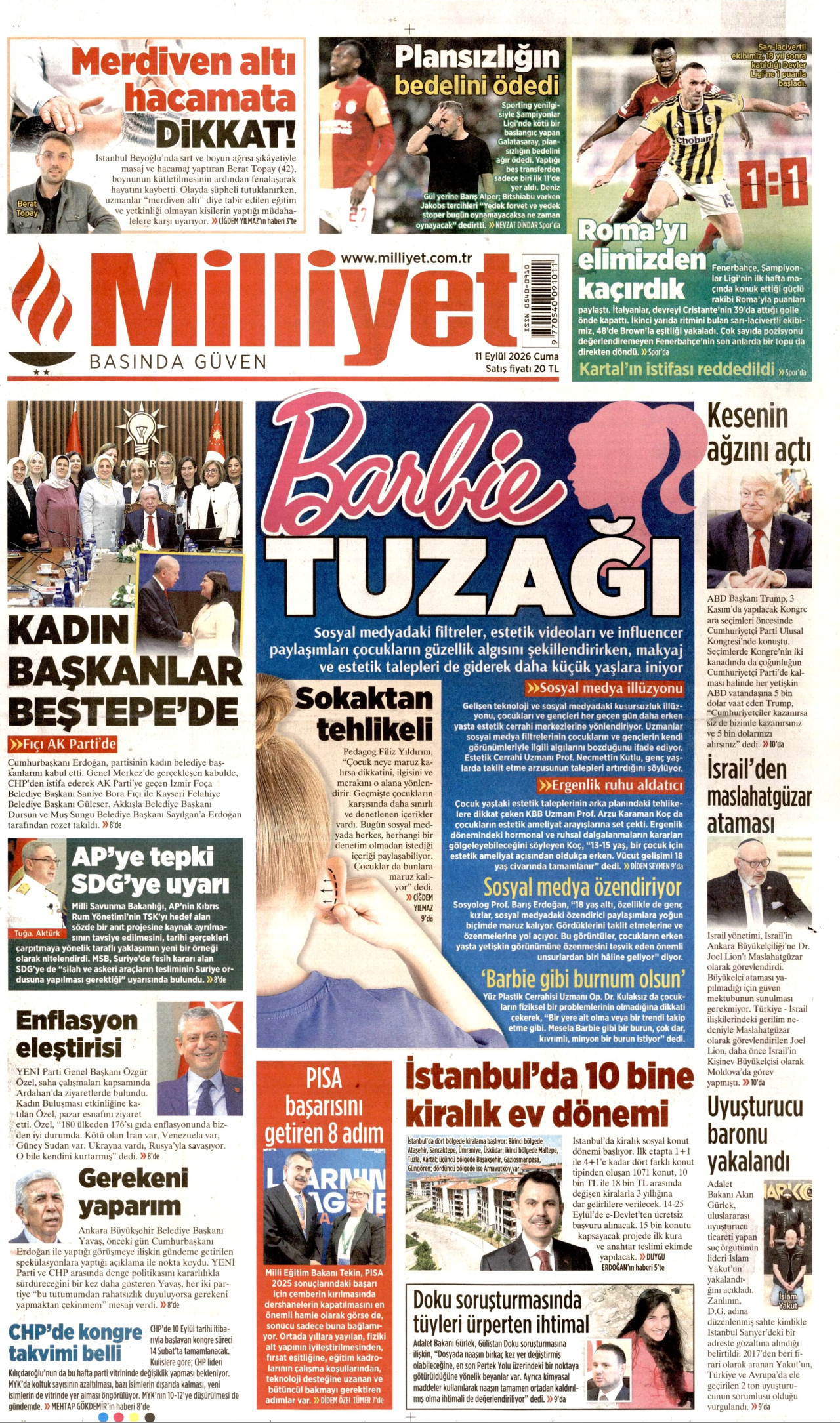 MİLLİYET gazetesinin 11 Eylül 2026 tarihli birinci sayfası