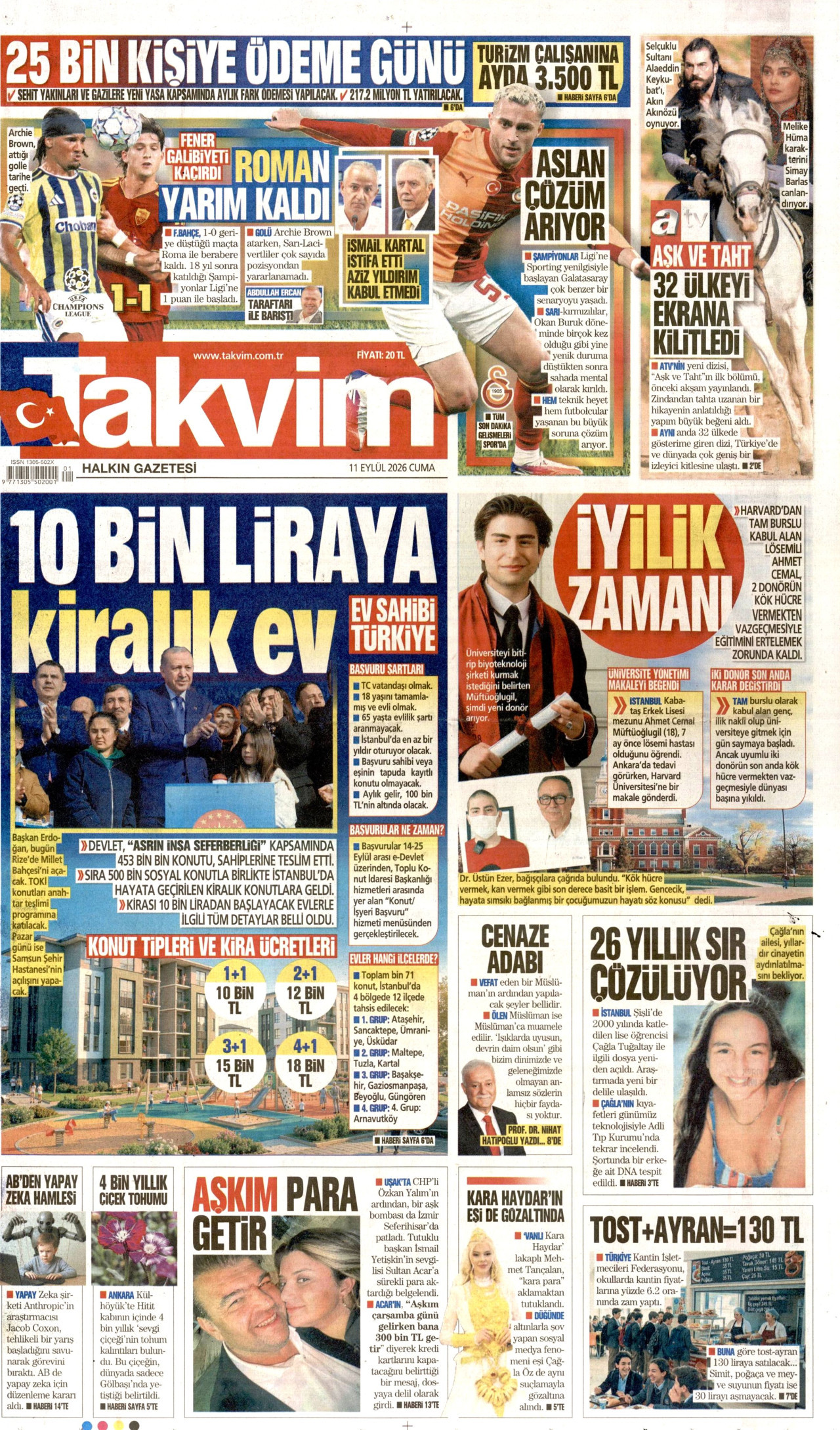 TAKVİM gazetesinin 11 Eylül 2026 tarihli birinci sayfası