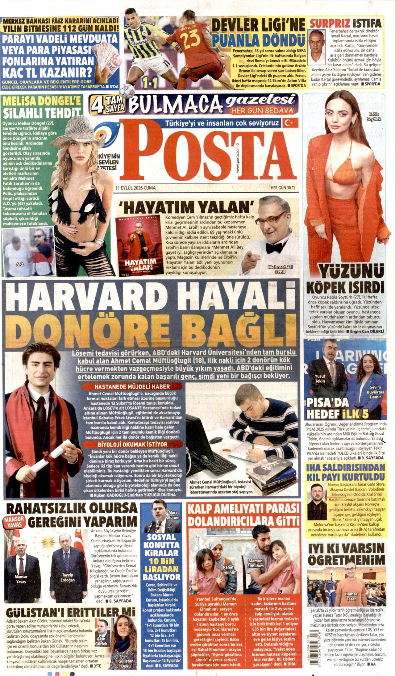 POSTA gazetesinin 11 Eylül 2026 tarihli birinci sayfası