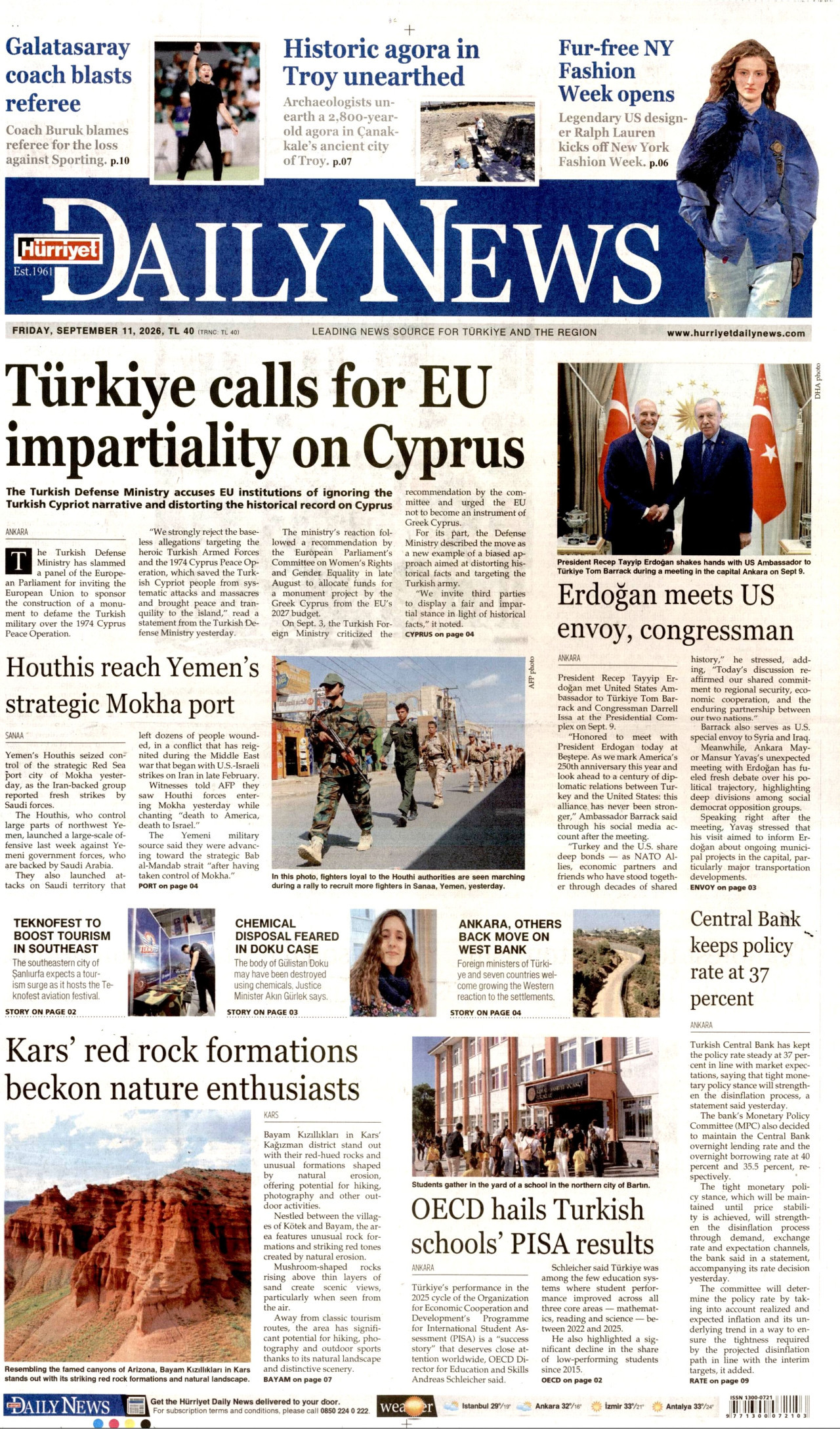HÜRRİYET DAİLY NEWS gazetesinin 11 Eylül 2026 tarihli birinci sayfası