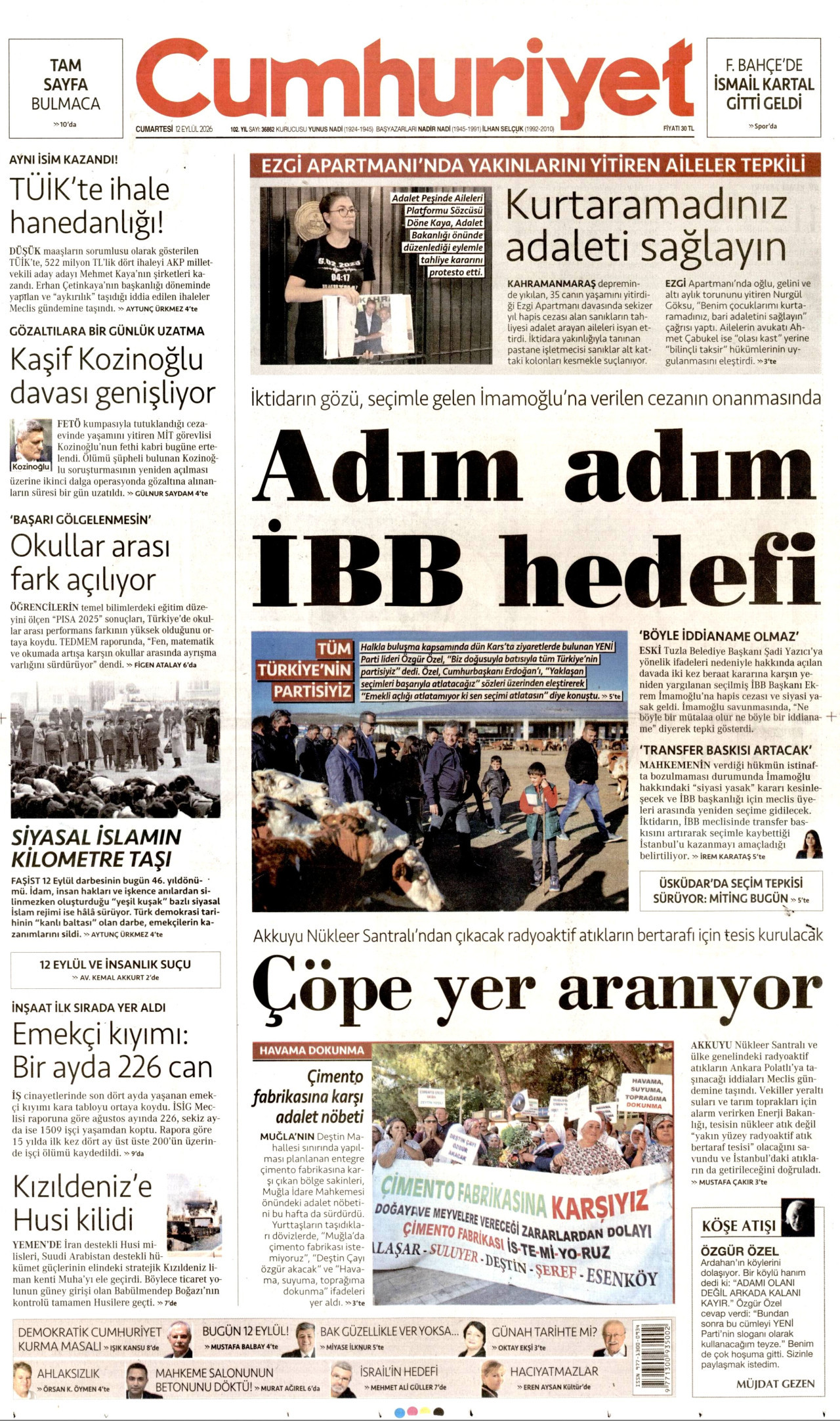 CUMHURİYET gazetesinin 12 Eylül 2026 tarihli birinci sayfası