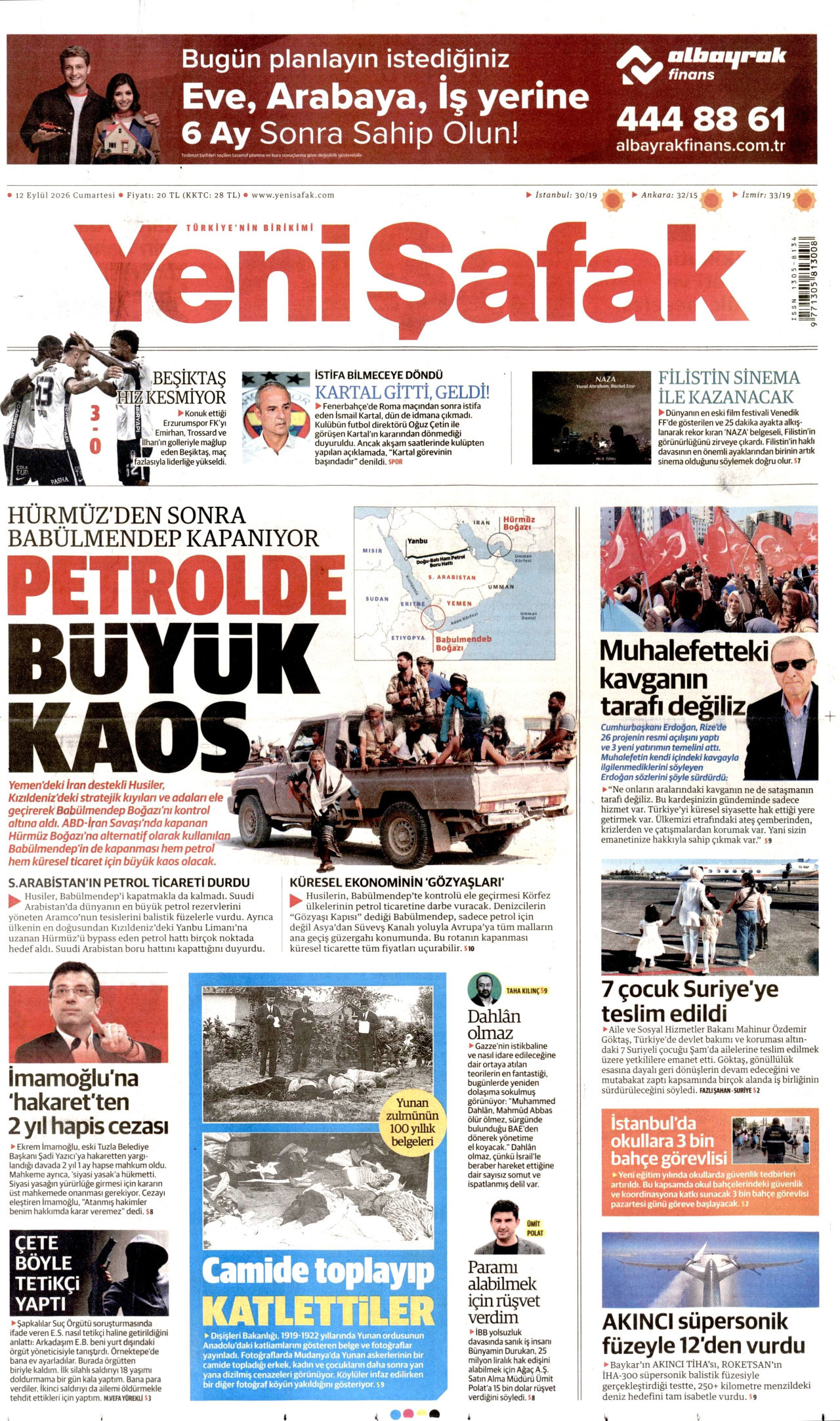 YENİ ŞAFAK gazetesinin 12 Eylül 2026 tarihli birinci sayfası