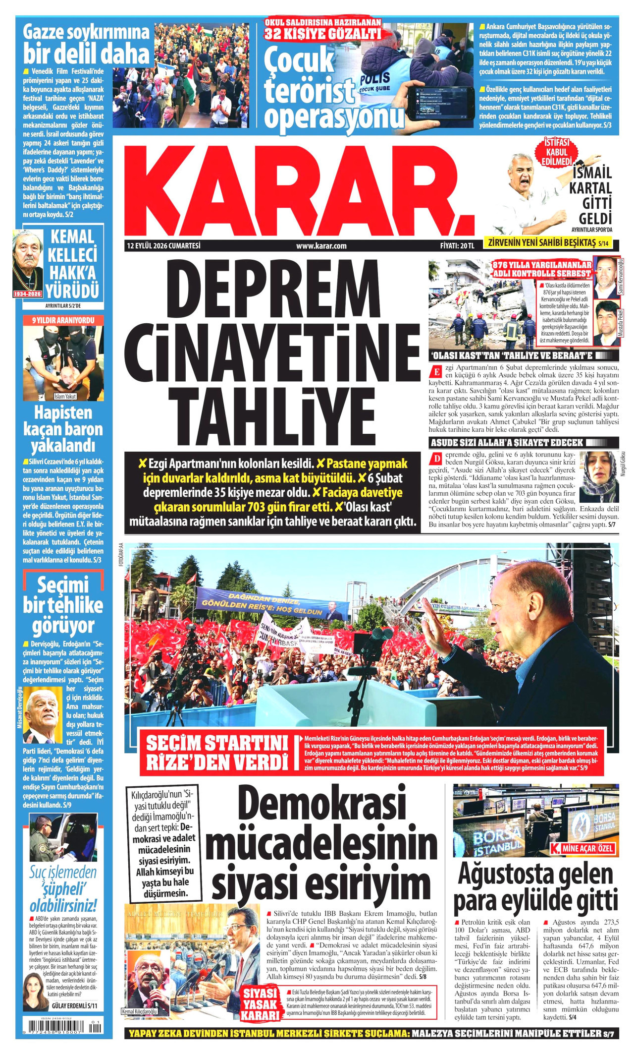 KARAR gazetesinin 12 Eylül 2026 tarihli birinci sayfası