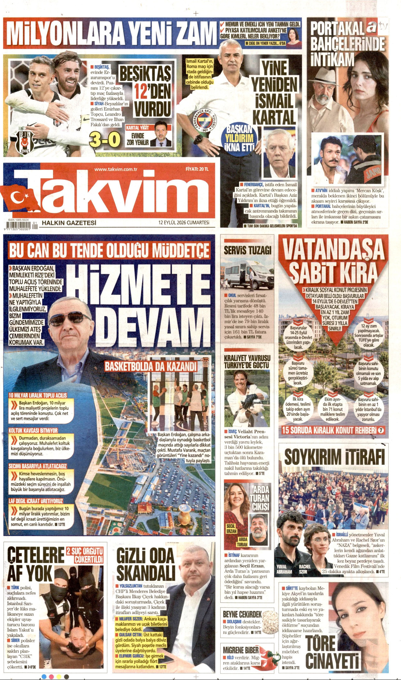 TAKVİM gazetesinin 12 Eylül 2026 tarihli birinci sayfası