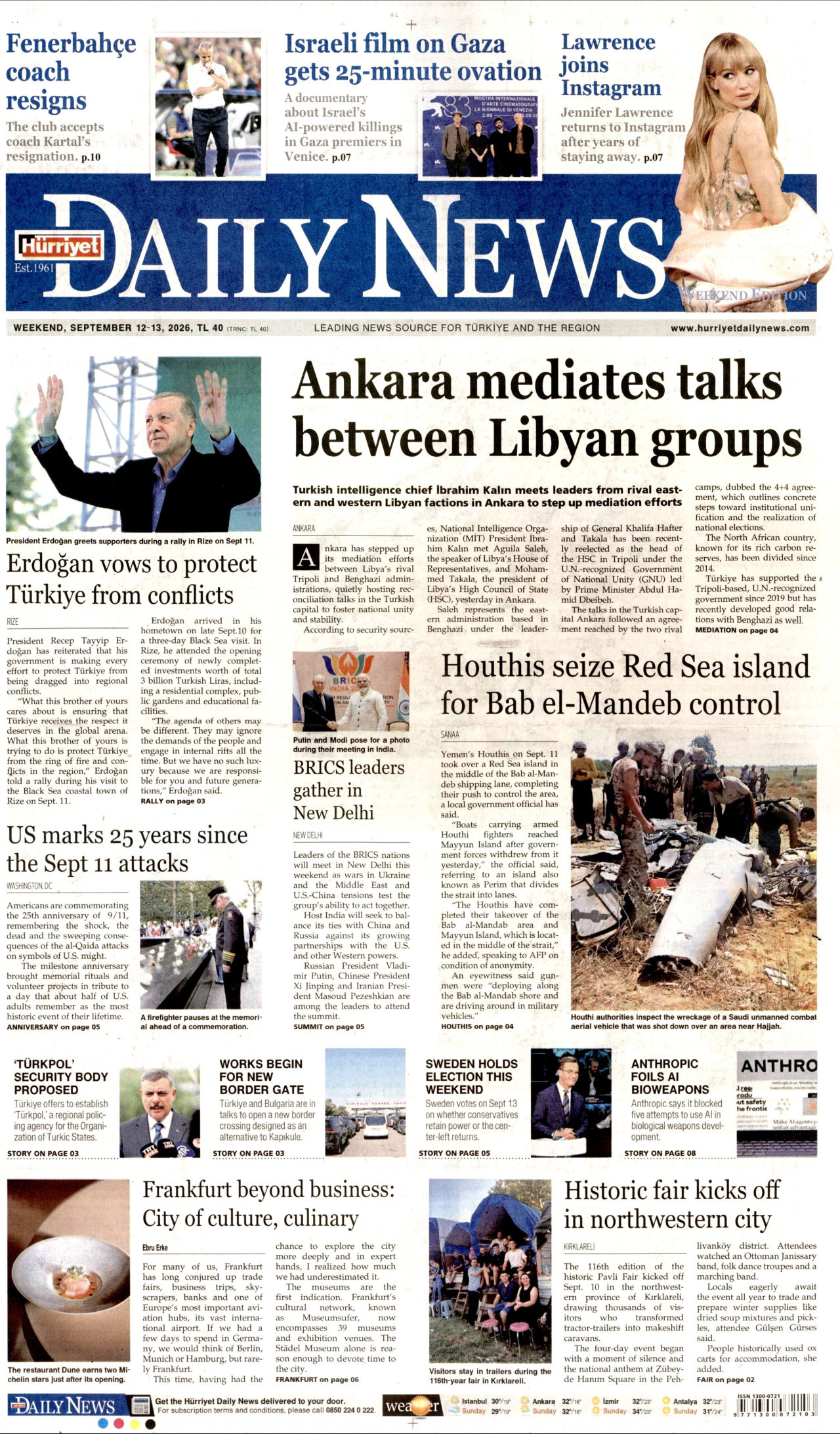 HÜRRİYET DAİLY NEWS gazetesinin 12 Eylül 2026 tarihli birinci sayfası
