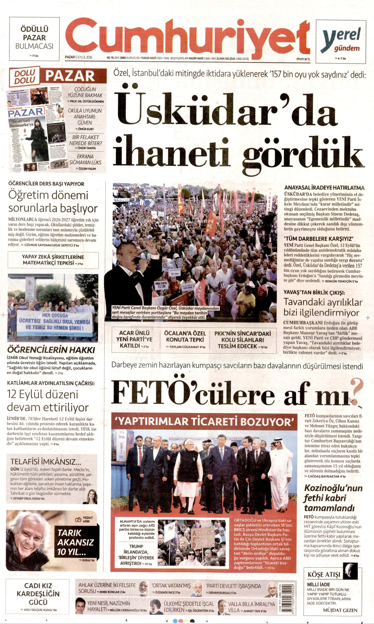 CUMHURİYET gazetesinin 13 Eylül 2026 tarihli birinci sayfası