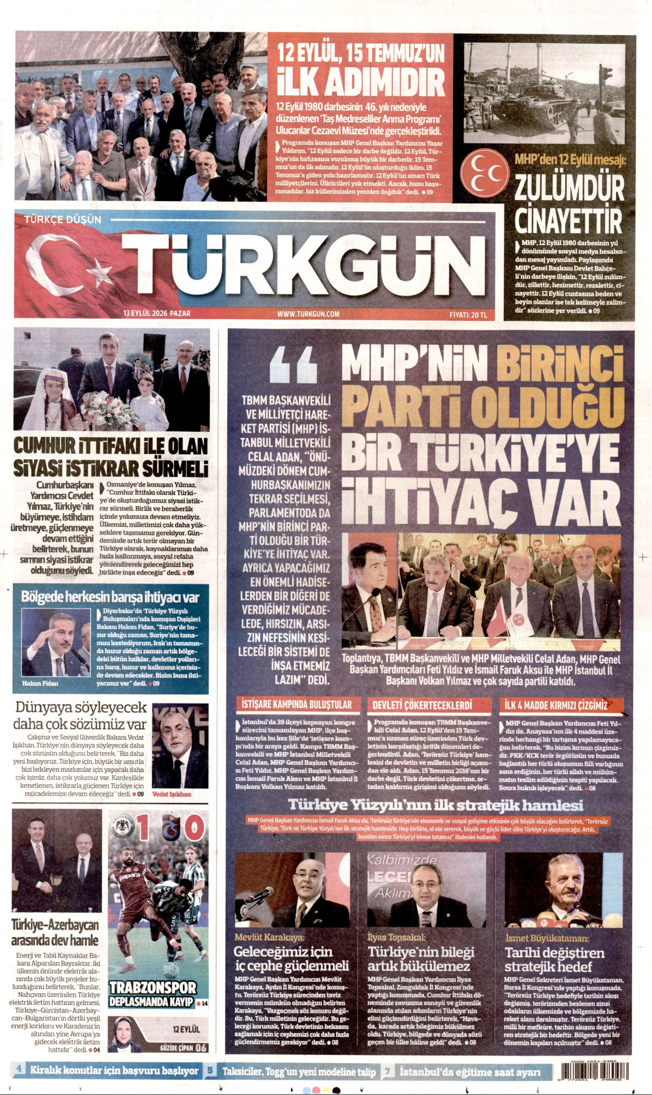 TÜRKGÜN gazetesinin 13 Eylül 2026 tarihli birinci sayfası