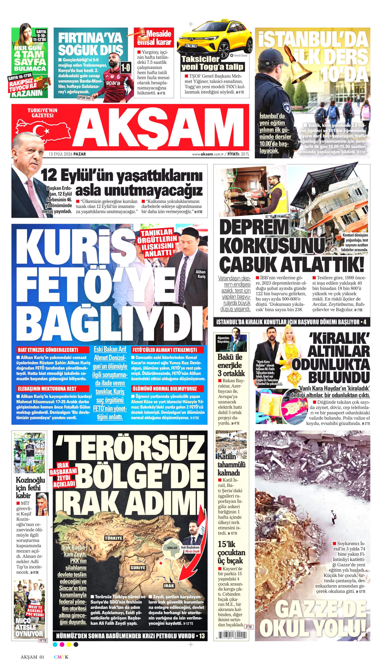 AKŞAM gazetesinin 13 Eylül 2026 tarihli birinci sayfası