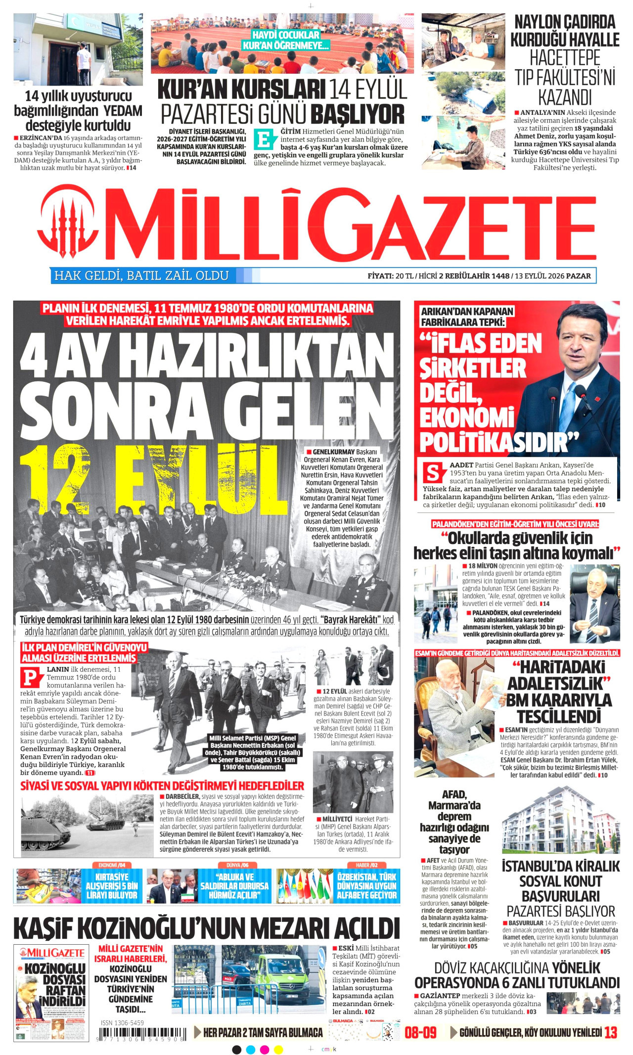 MİLLİ GAZETE gazetesinin 13 Eylül 2026 tarihli birinci sayfası
