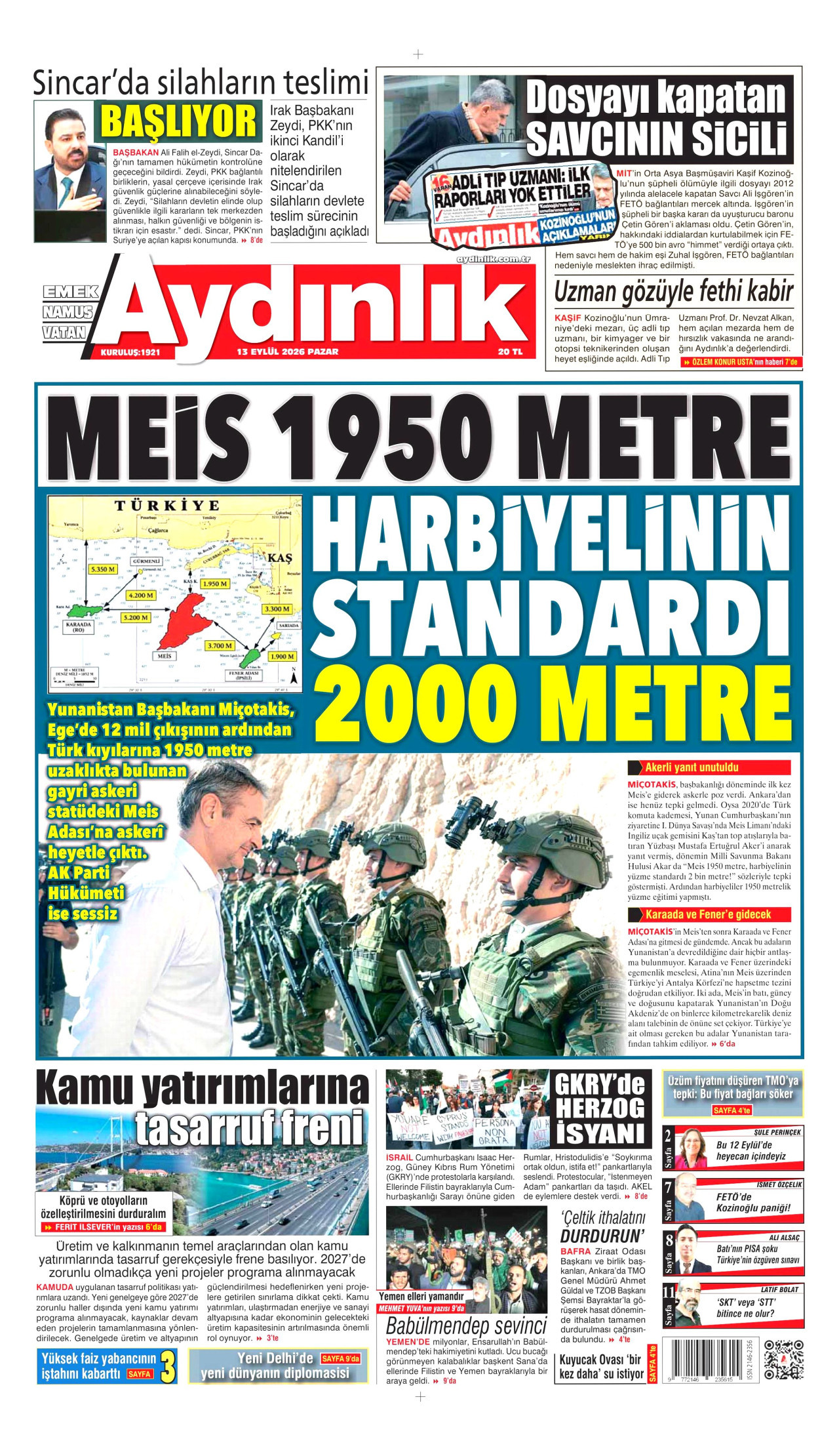 AYDINLIK GAZETESİ gazetesinin 13 Eylül 2026 tarihli birinci sayfası