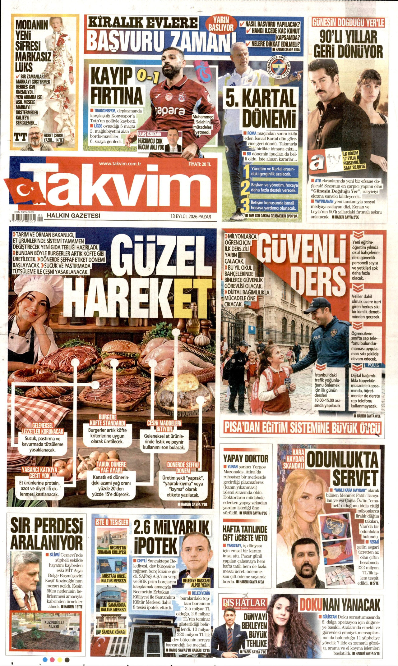 TAKVİM gazetesinin 13 Eylül 2026 tarihli birinci sayfası