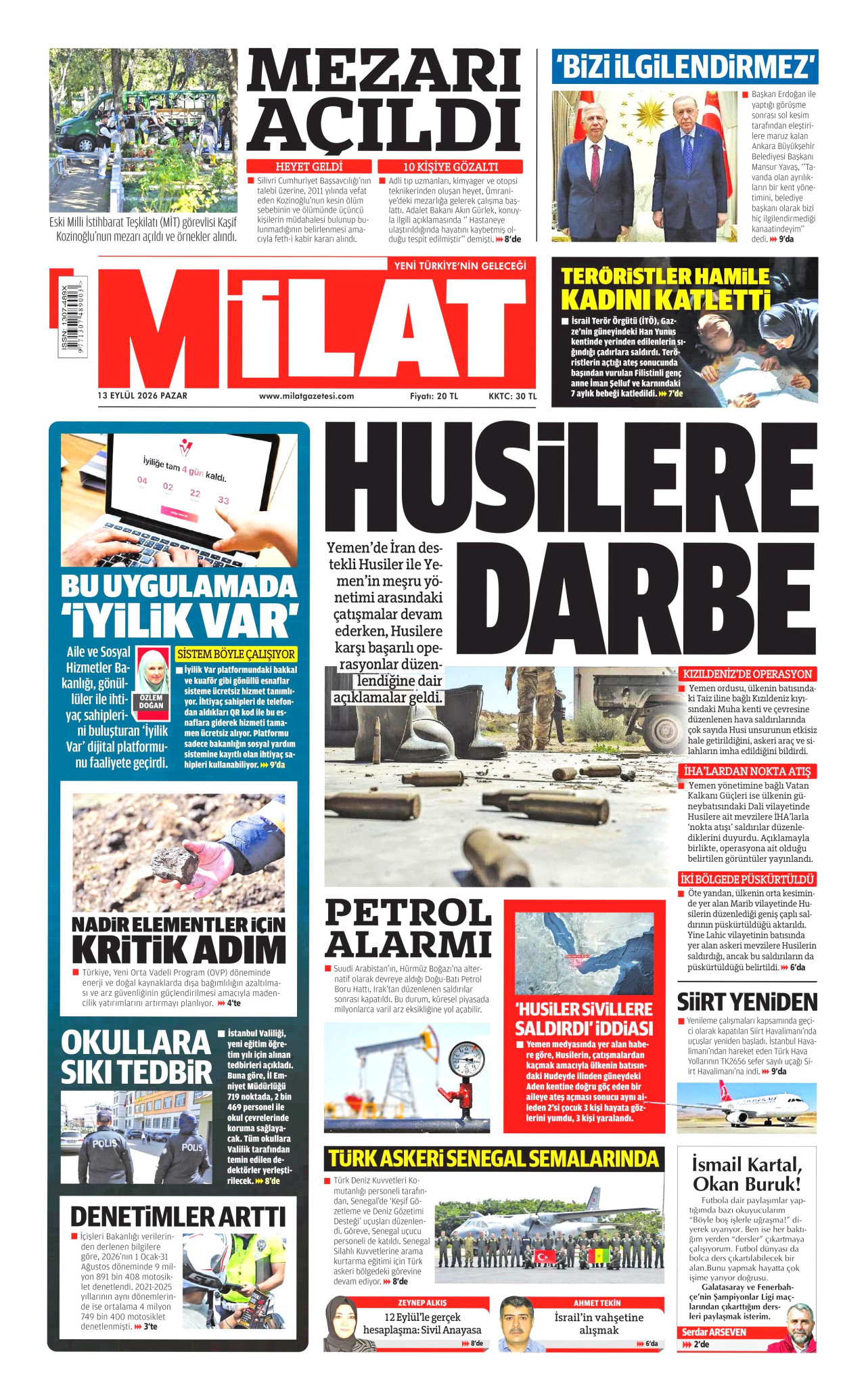 MİLAT gazetesinin 13 Eylül 2026 tarihli birinci sayfası