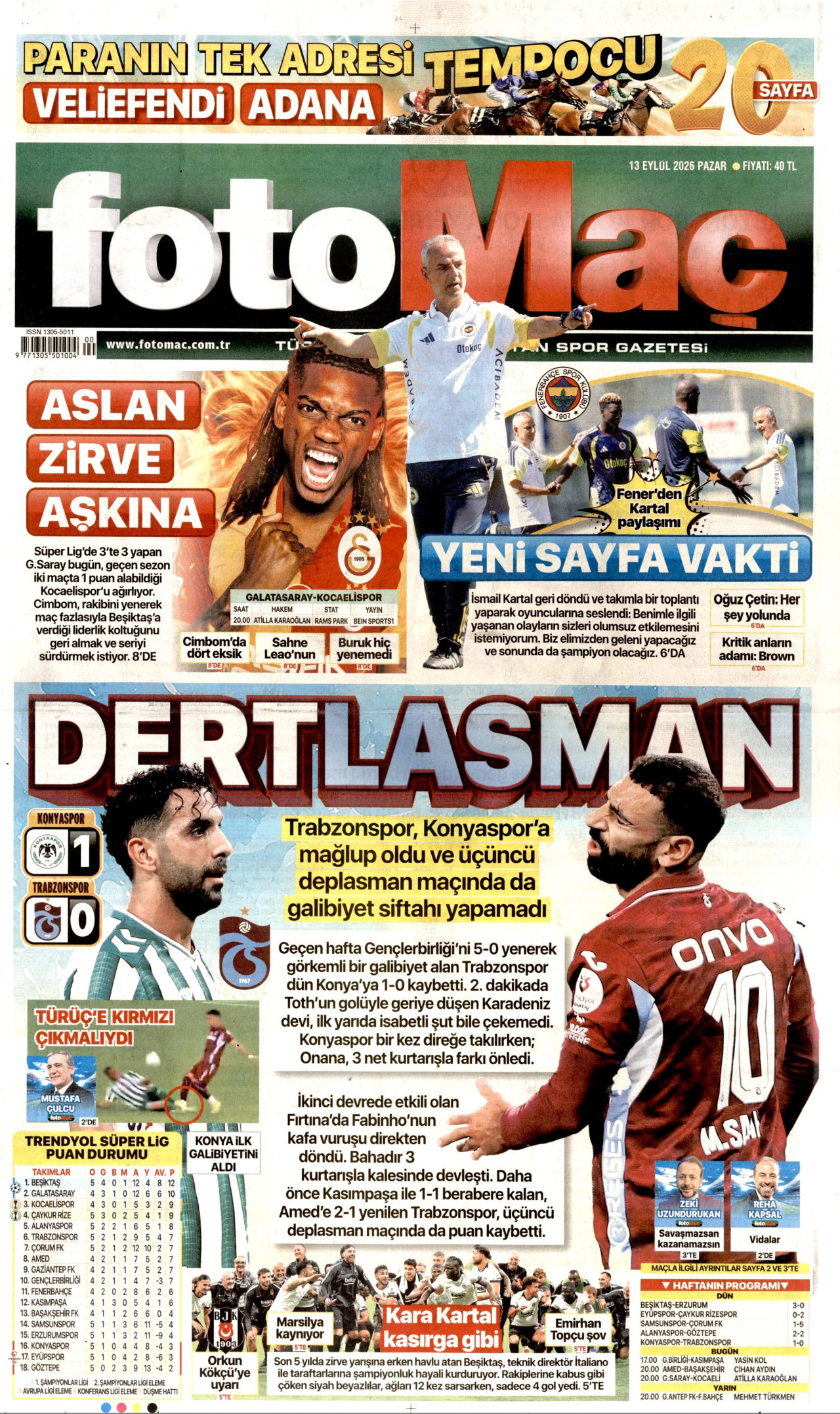 FOTOMAÇ gazetesinin 13 Eylül 2026 tarihli birinci sayfası