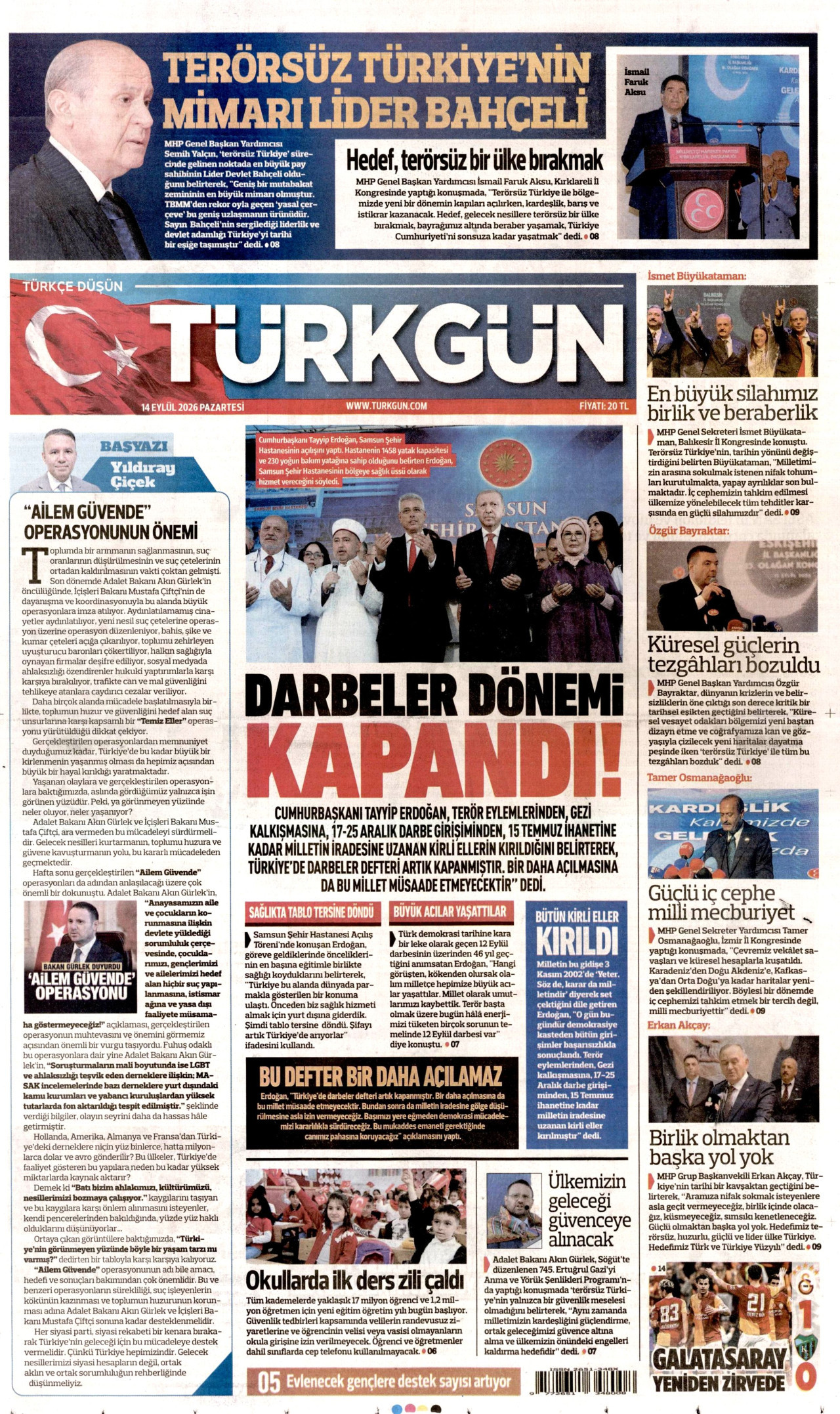 TÜRKGÜN gazetesinin 14 Eylül 2026 tarihli birinci sayfası
