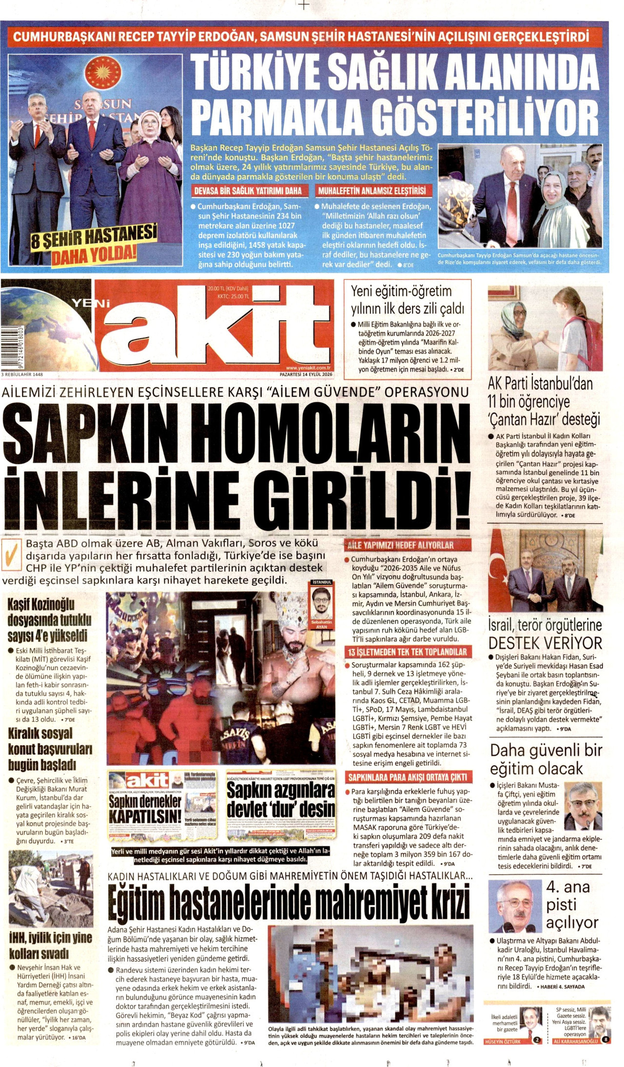YENİ AKİT gazetesinin 14 Eylül 2026 tarihli birinci sayfası
