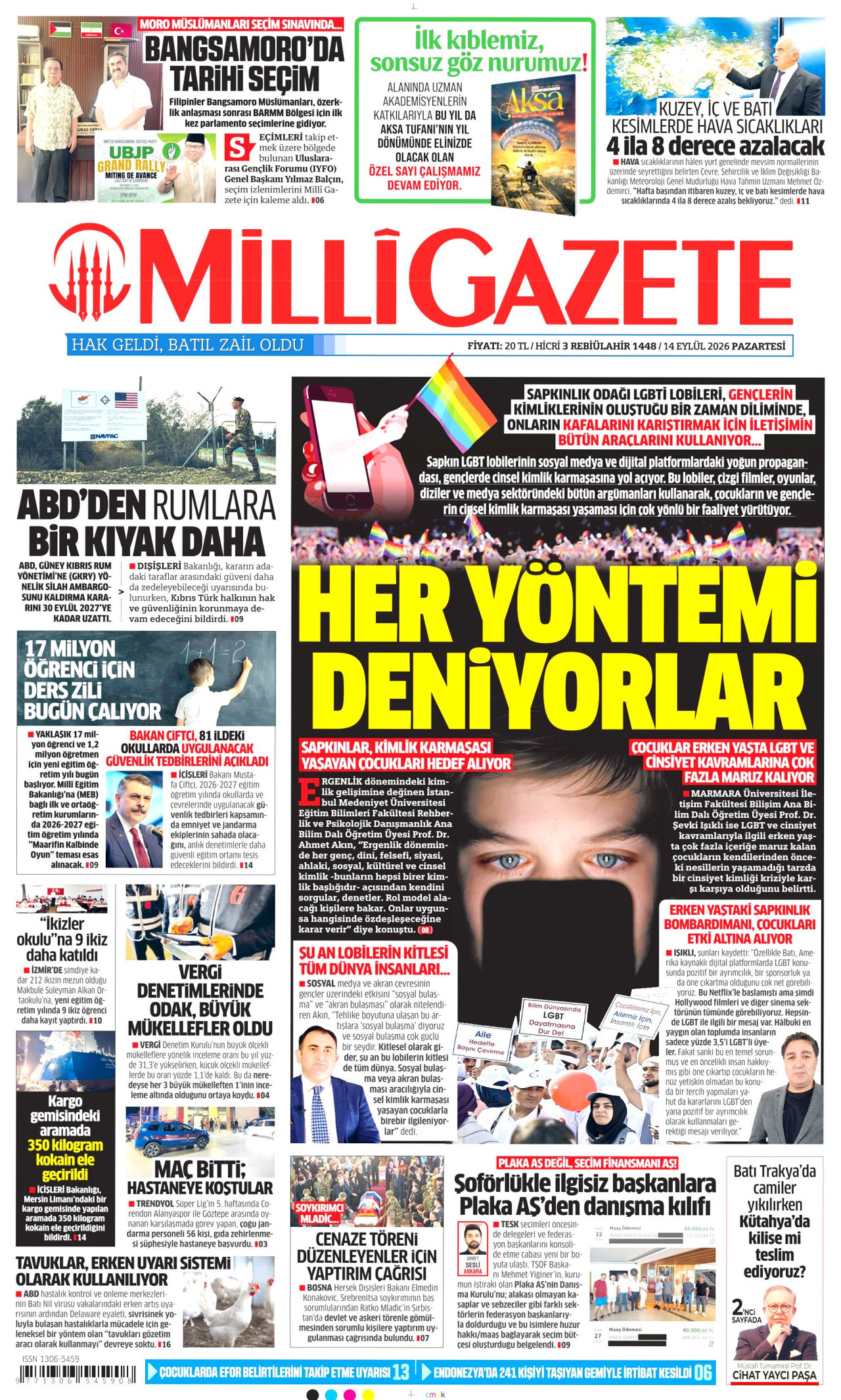 MİLLİ GAZETE gazetesinin 14 Eylül 2026 tarihli birinci sayfası